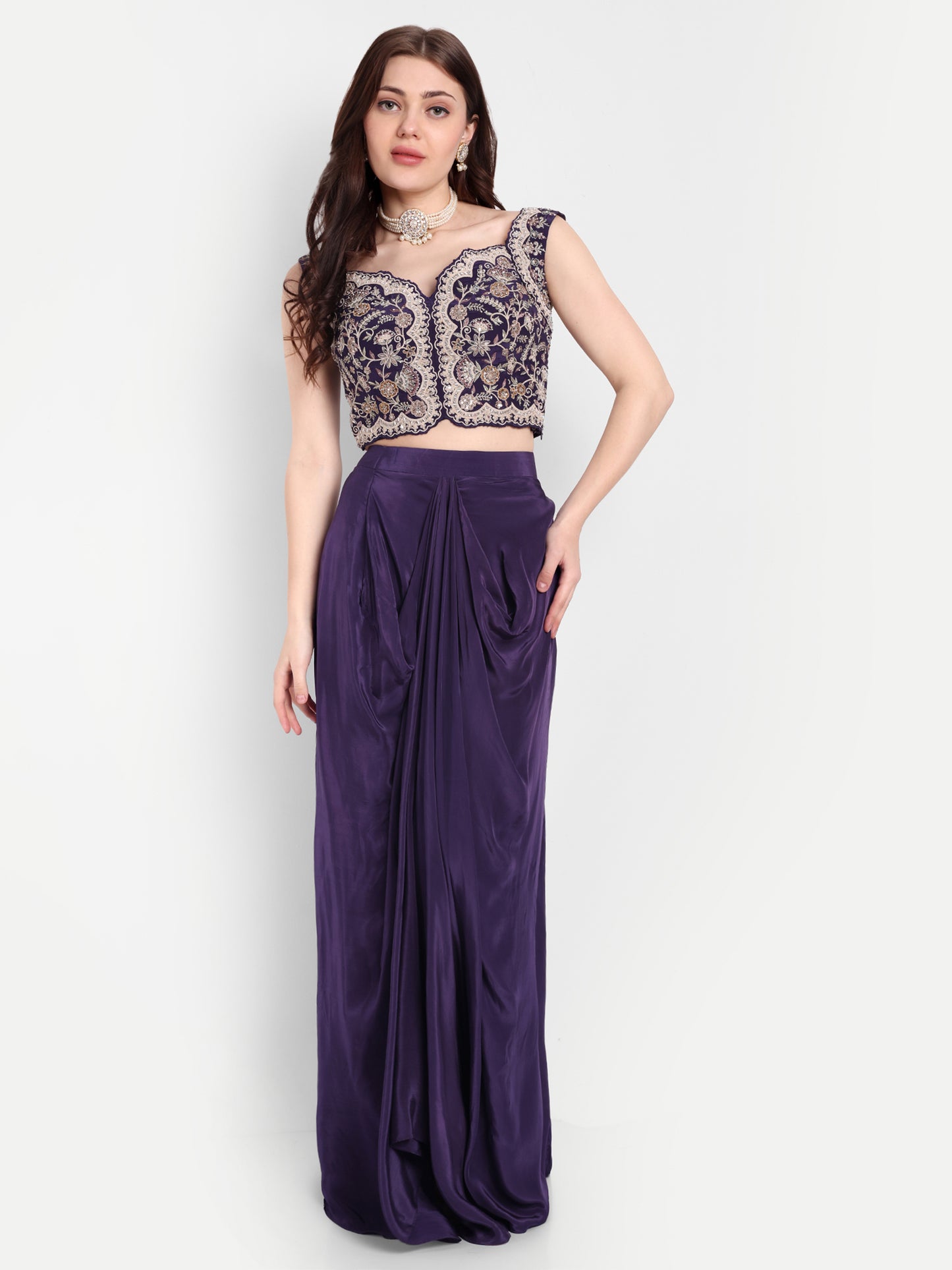 Purple Cape Set Of Crop Top And Skirt