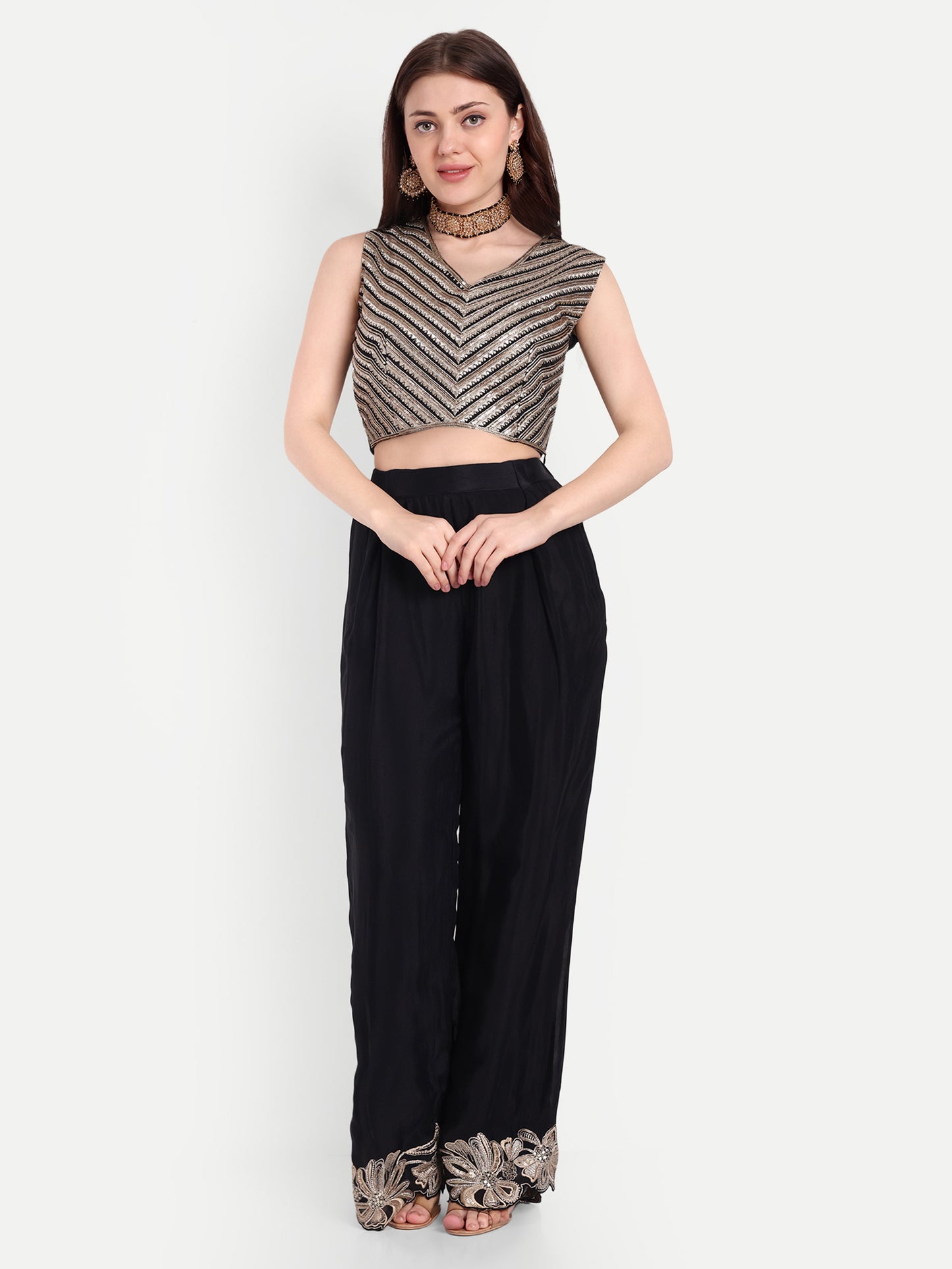 Black Embroidered Blazer With Crop Top And Trouser
