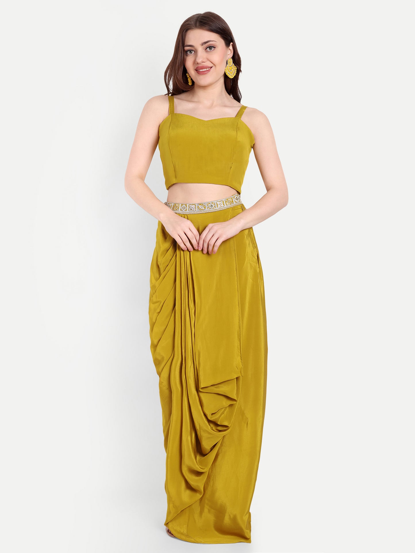 Yellow Dhoti Skirt With Crop Top And Jacket