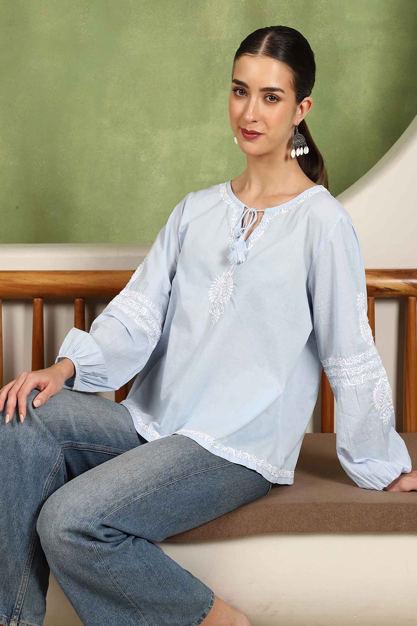 Aria Chikankari Top with White Thread & Balloon Sleeves – Blue