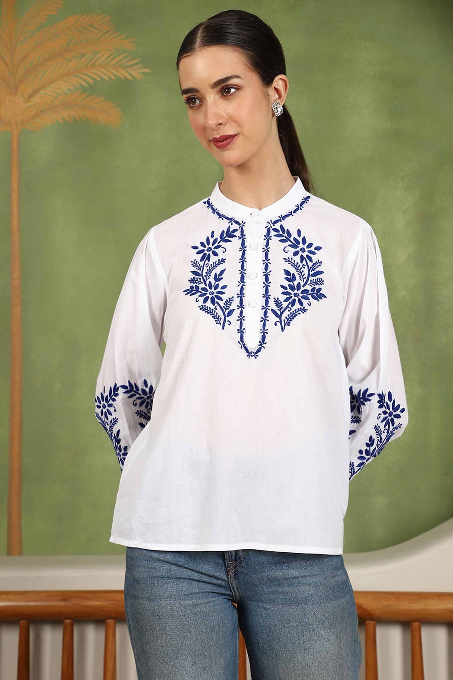 Freya Chikankari Top with Royal Blue Boota – white