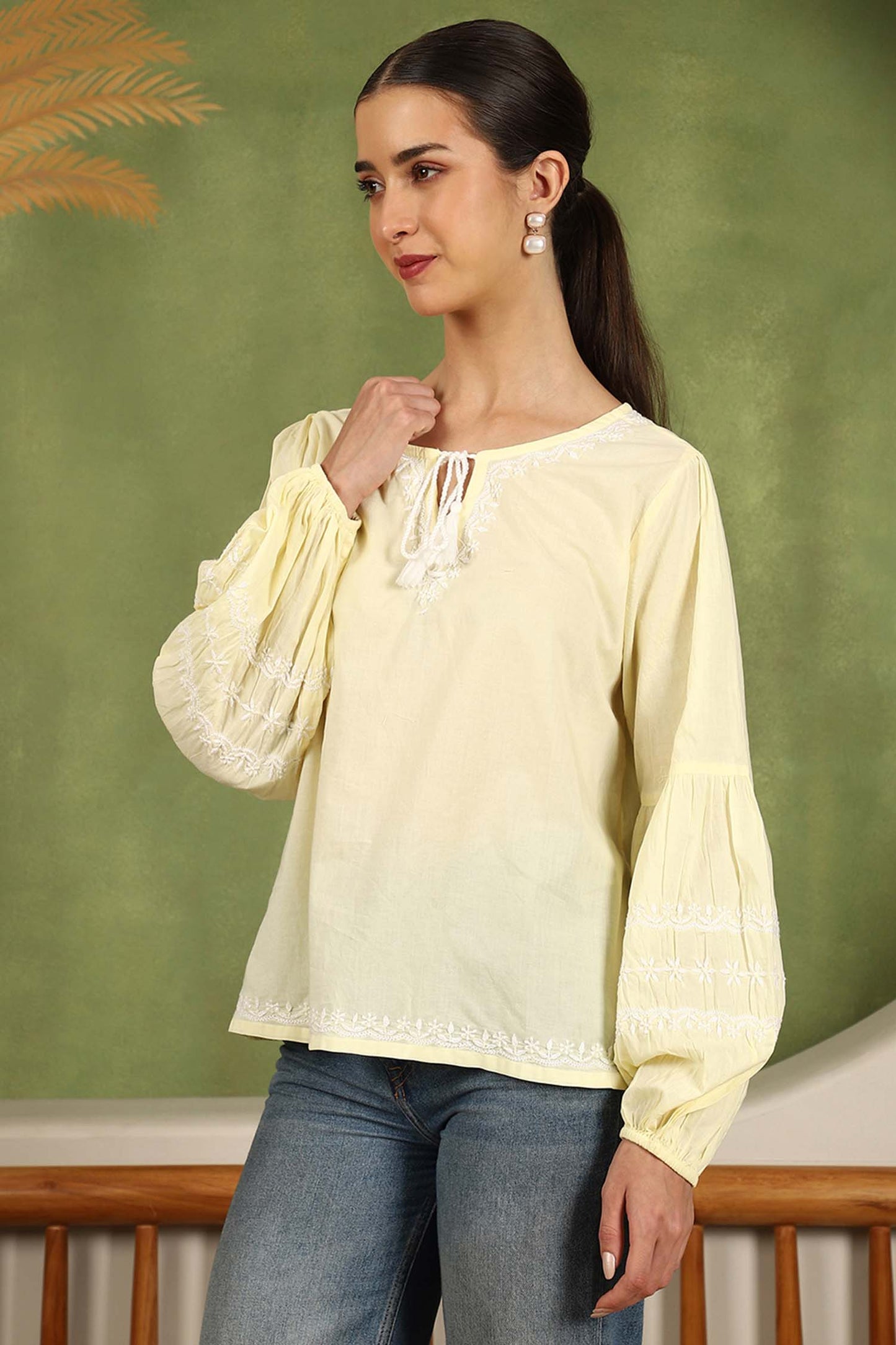 Felicia Chikankari Top with White Thread & Balloon Sleeves – Yellow