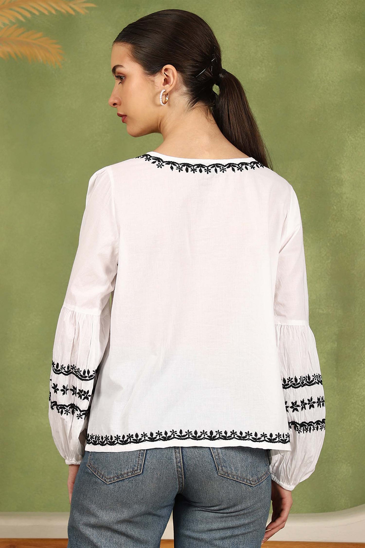 Felicia Chikankari Top with Black Thread & Balloon Sleeves- White