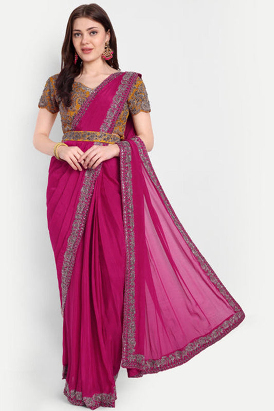 Pink And Yellow Ready-To-Wear Heavy Embroidered Saree