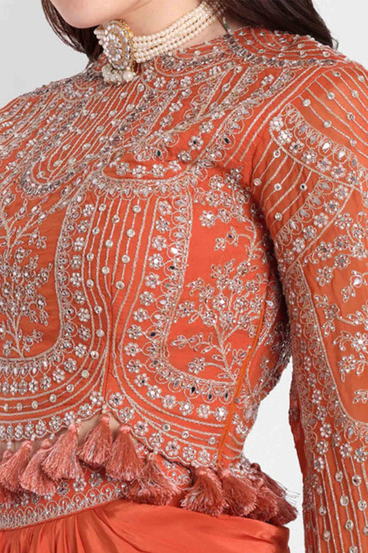 Orange Set Of Long Sleeves Top And Dhoti Skirt