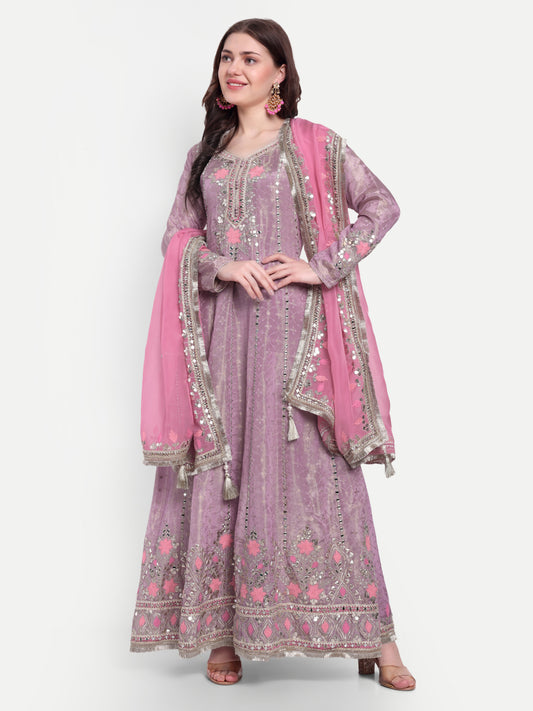Anarkali set comes with a beautiful dupatta and a bottom, adding an extra layer of elaborateness.