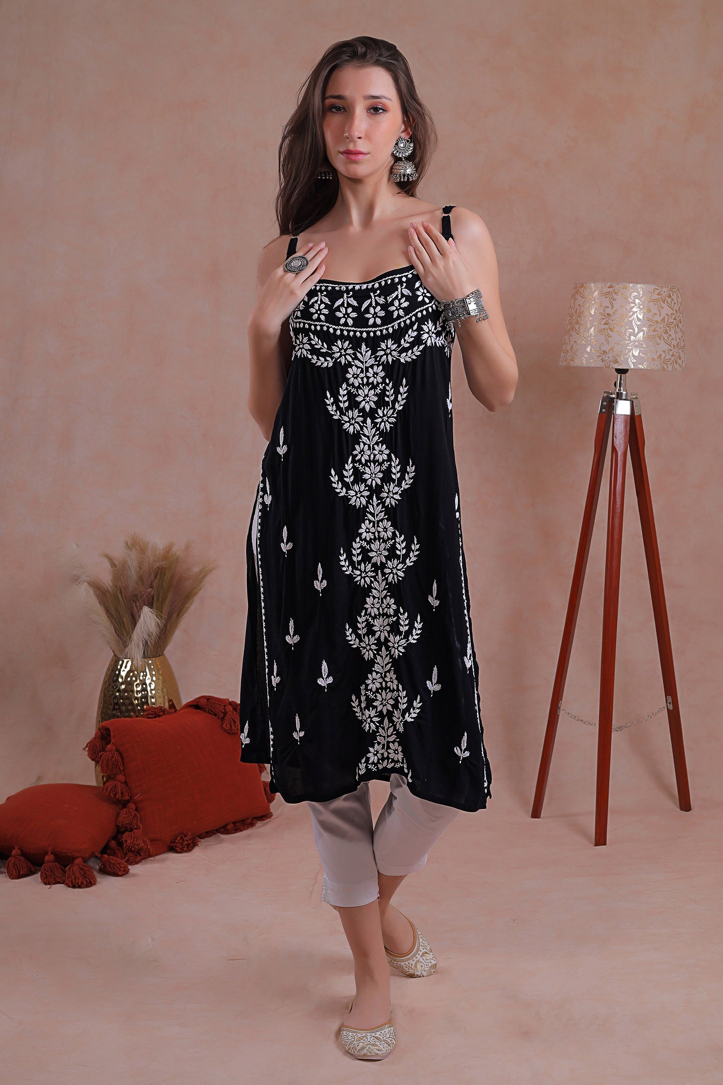 Black Noodle Strap Chikankari Kurta