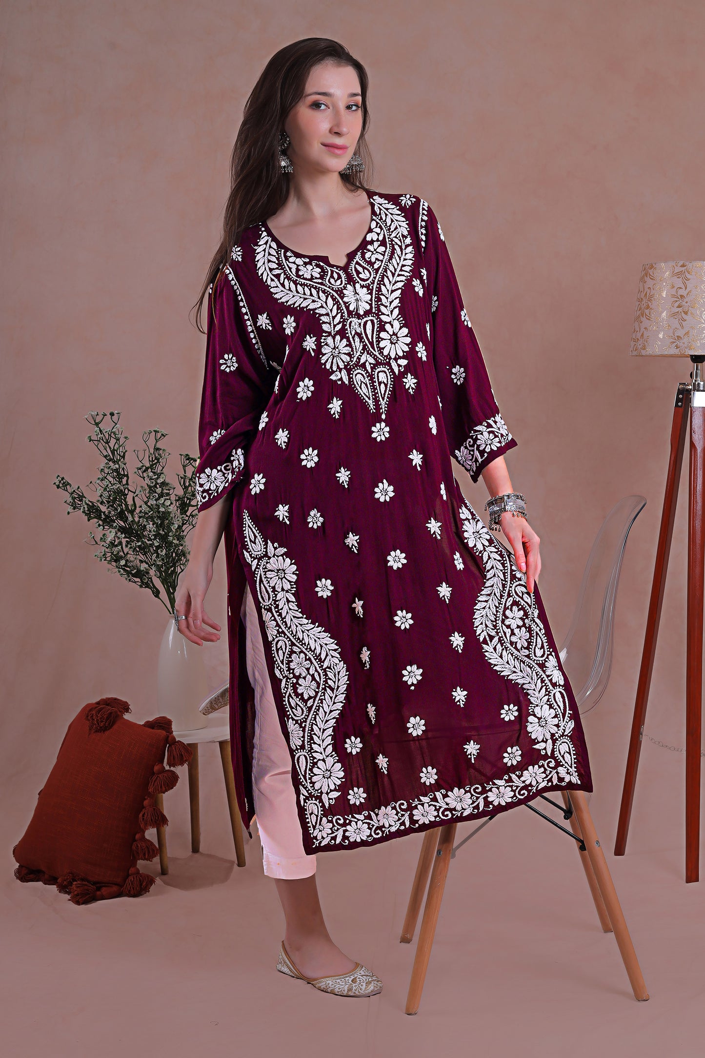 Maroon Chikankari Kurta