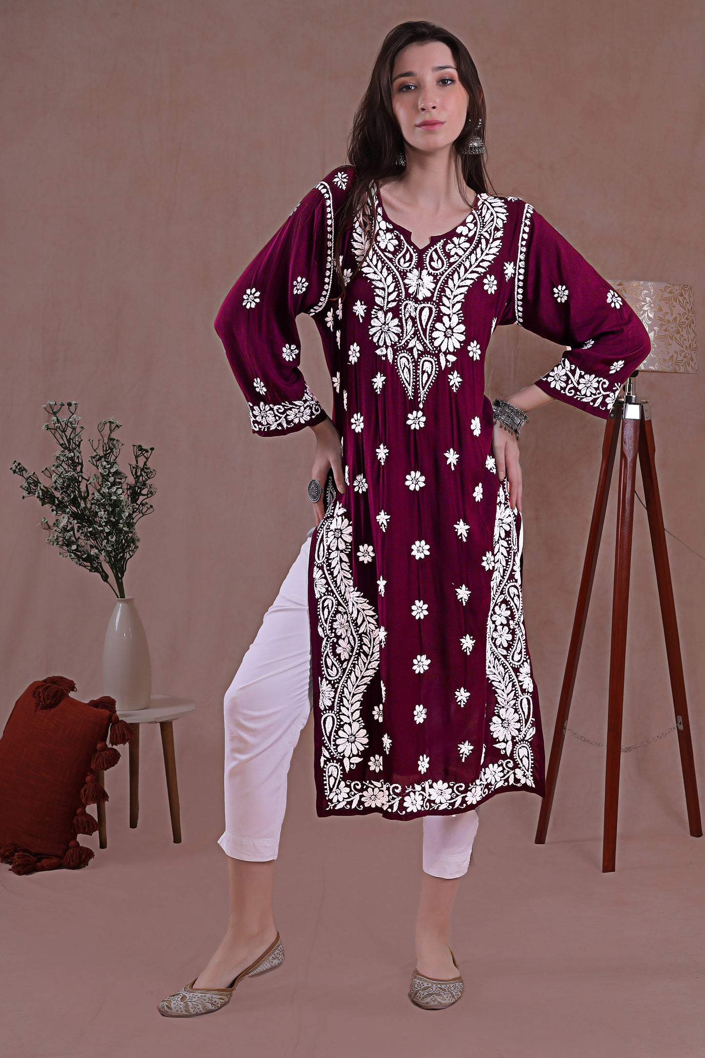 Maroon Chikankari Kurta