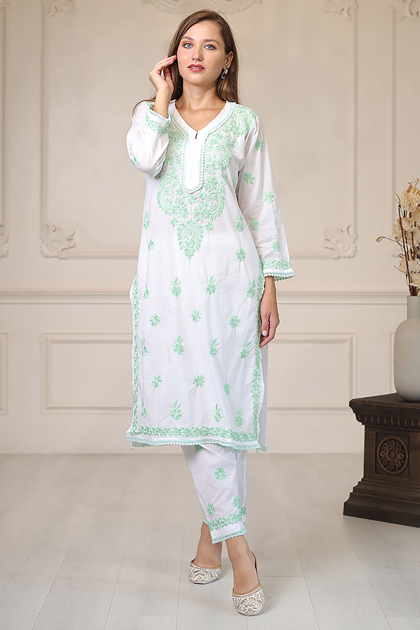 Green on white Chikankari Embroidered Pure Cotton Straight Kurta