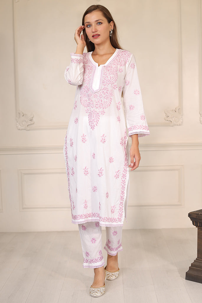 Lavender Chikankari On White Kurta Set