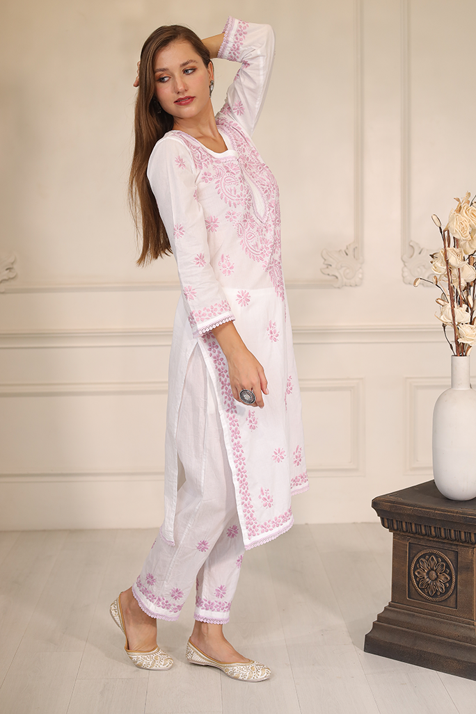 Lavender Chikankari On White Kurta Set