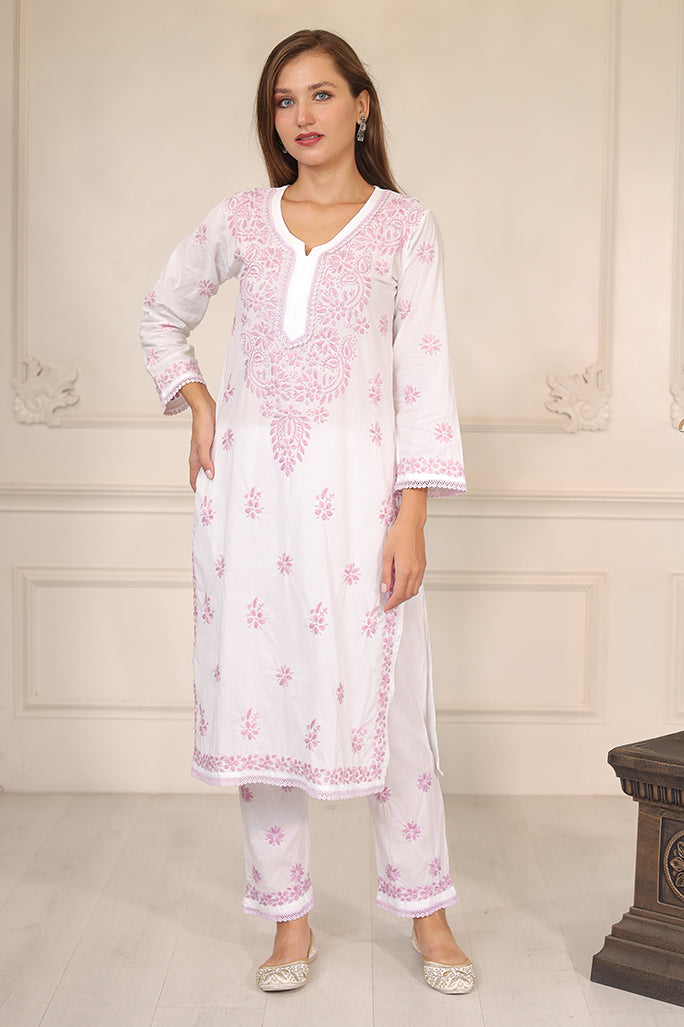 Lavender Chikankari On White Kurta Set