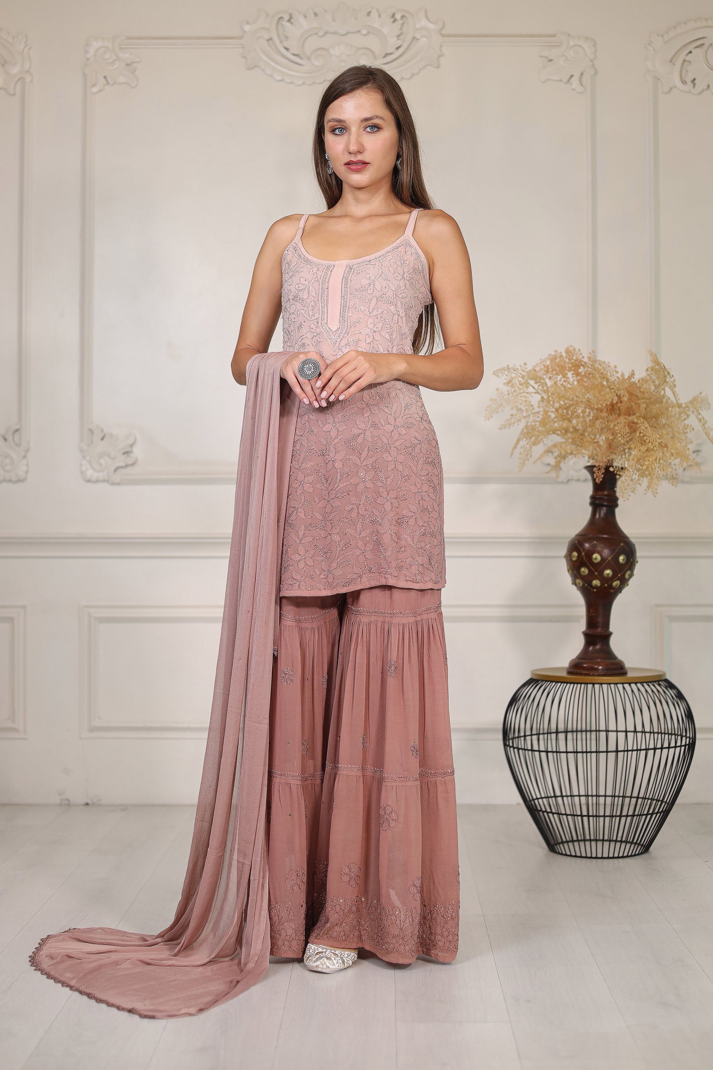Brown Ombre Shaded Chikankari Sharara Set