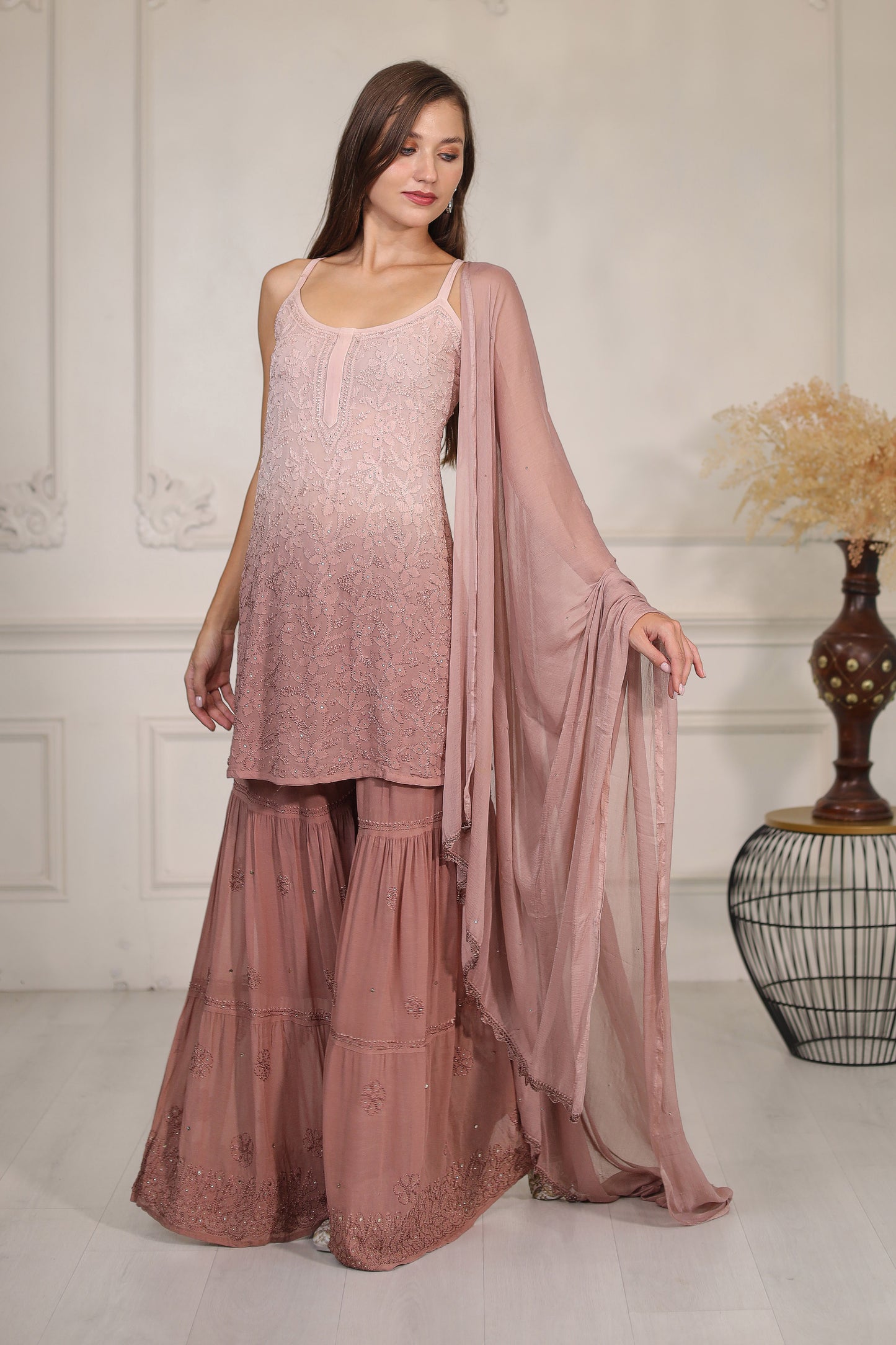 Brown Ombre Shaded Chikankari Sharara Set
