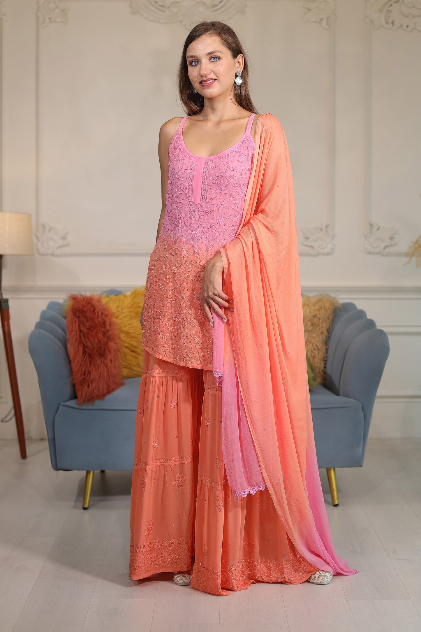 Pink And Orange Ombre Shaded Chikankari Sharara Set