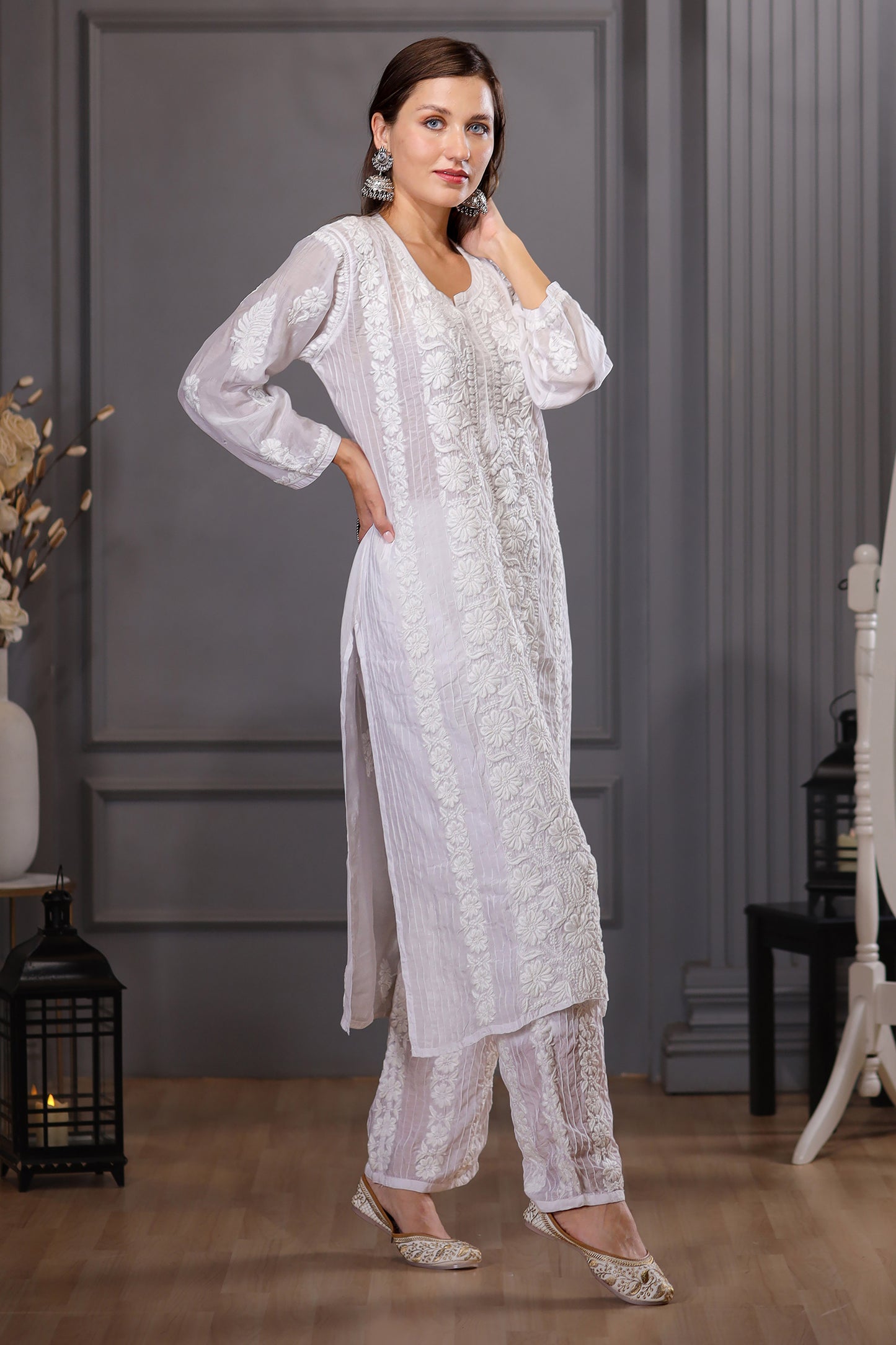 Pin Tuck Chikankari Kurta Pant Set