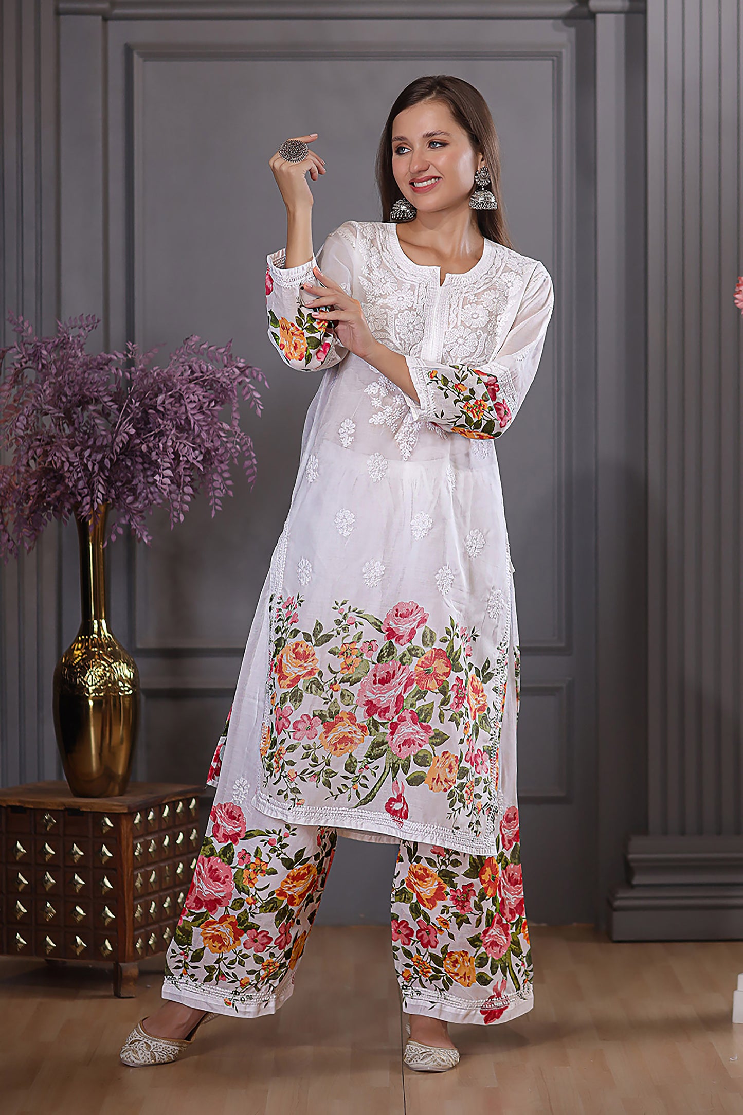 Multicoloured Chikankari Cotton Kurta Set With Kashmiri Embroidery