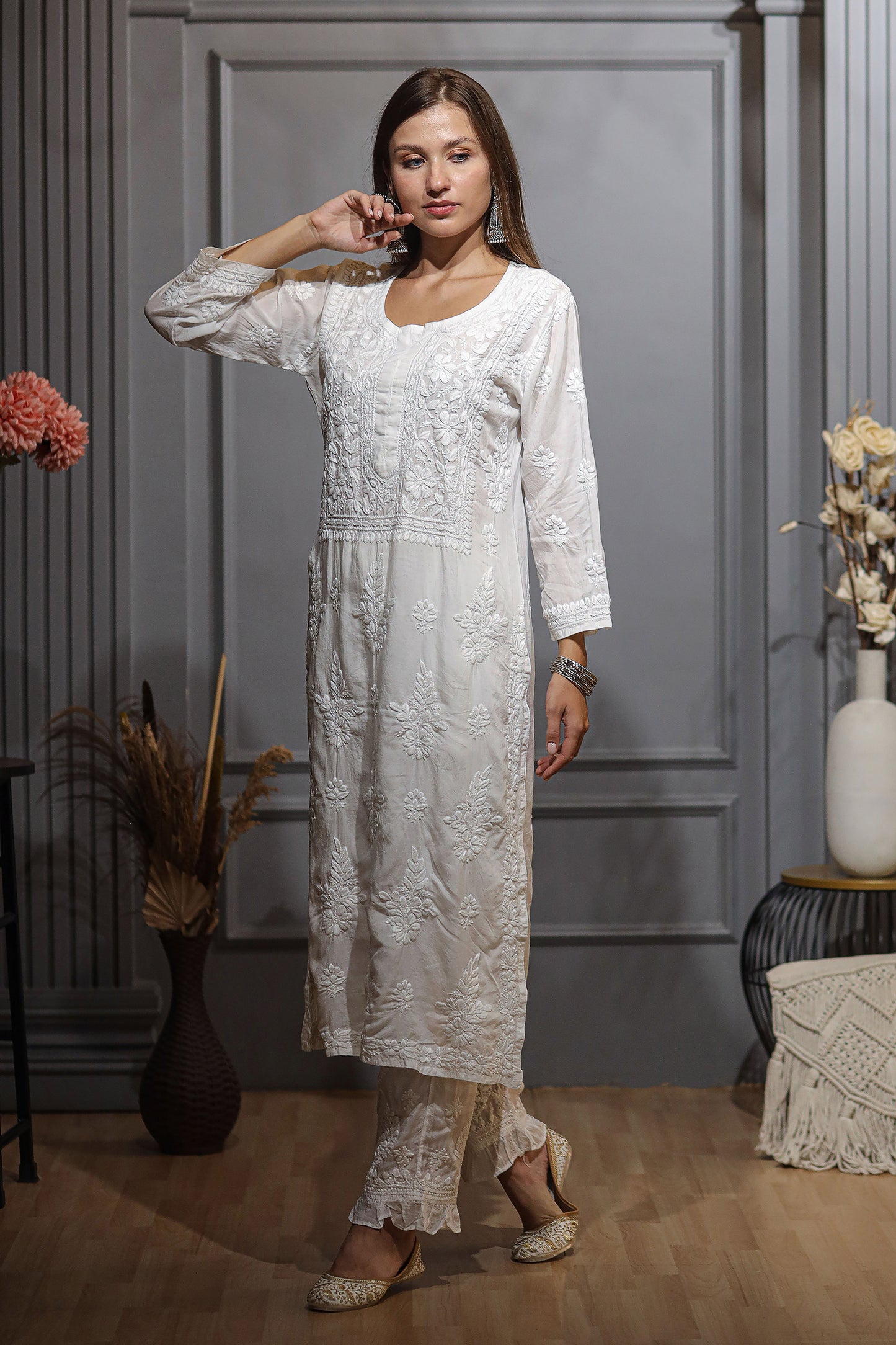 White Chikankari Kurta Long Kurta