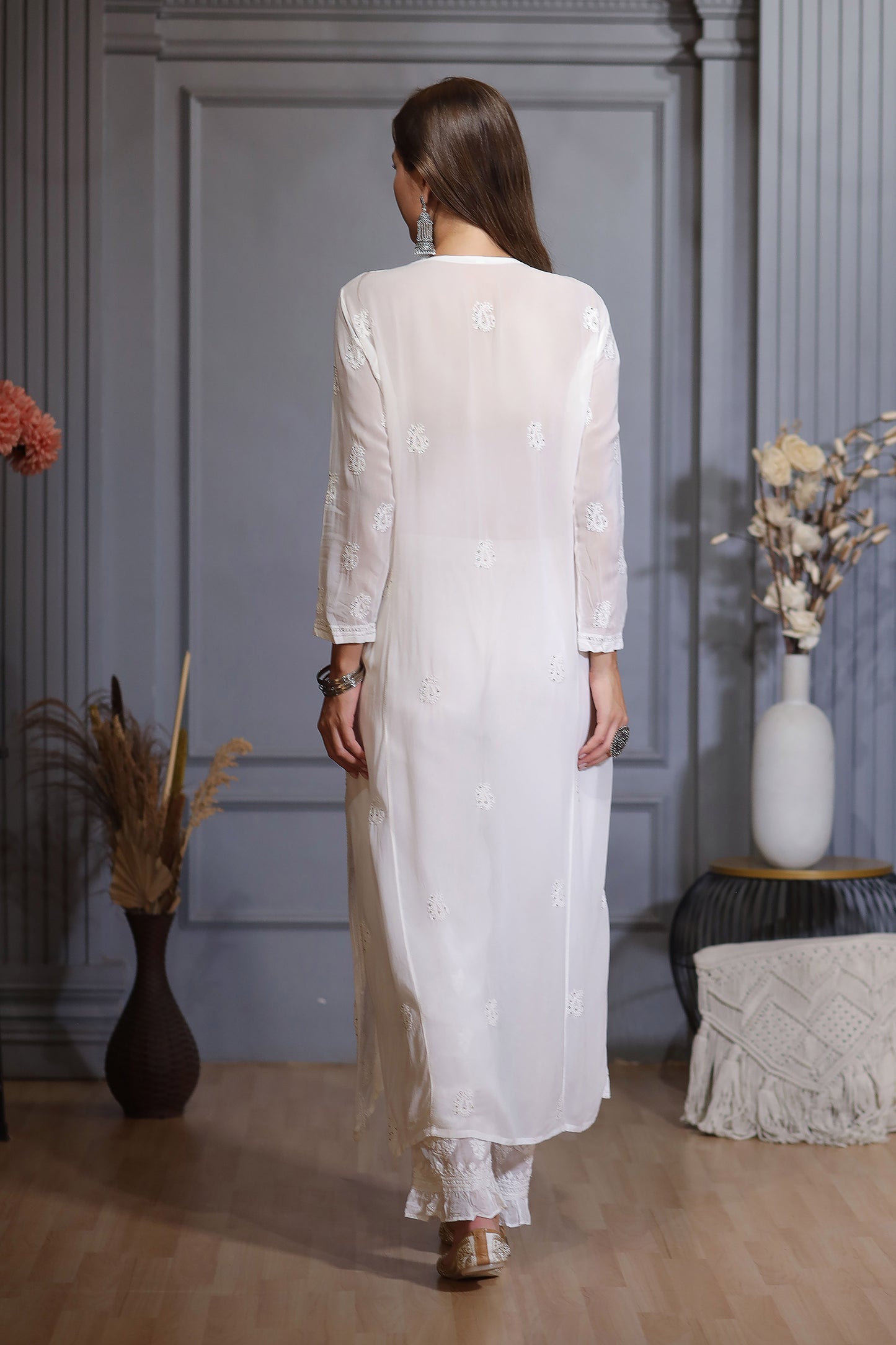 White Chikankari Mukaish Work Long Kurta