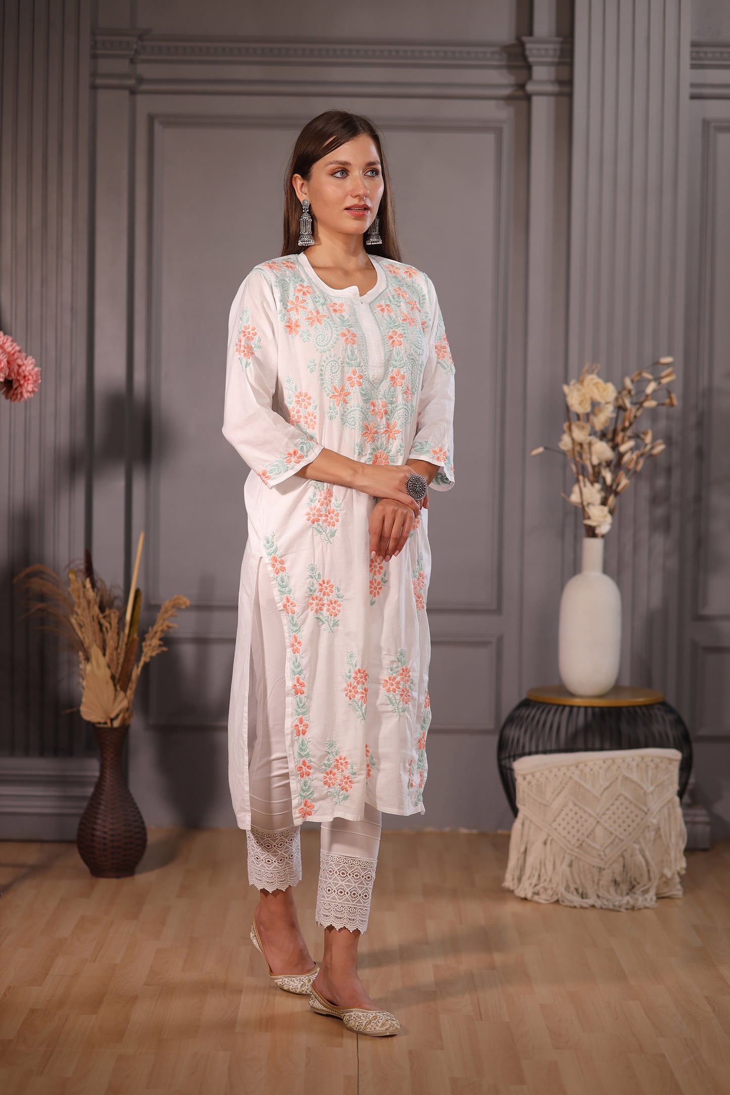 White Multicoloured Chikankari Kurta