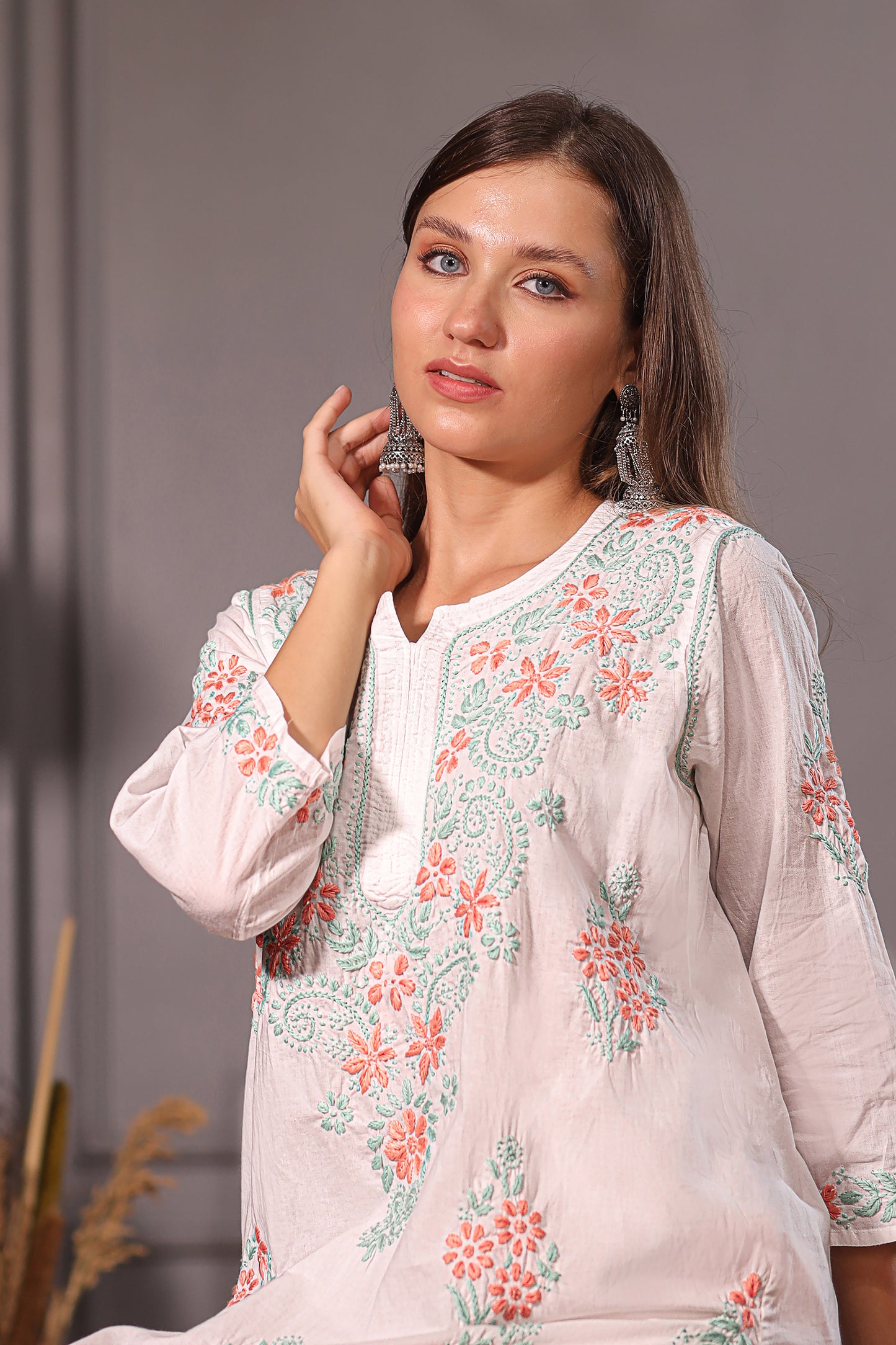 White Multicoloured Chikankari Kurta