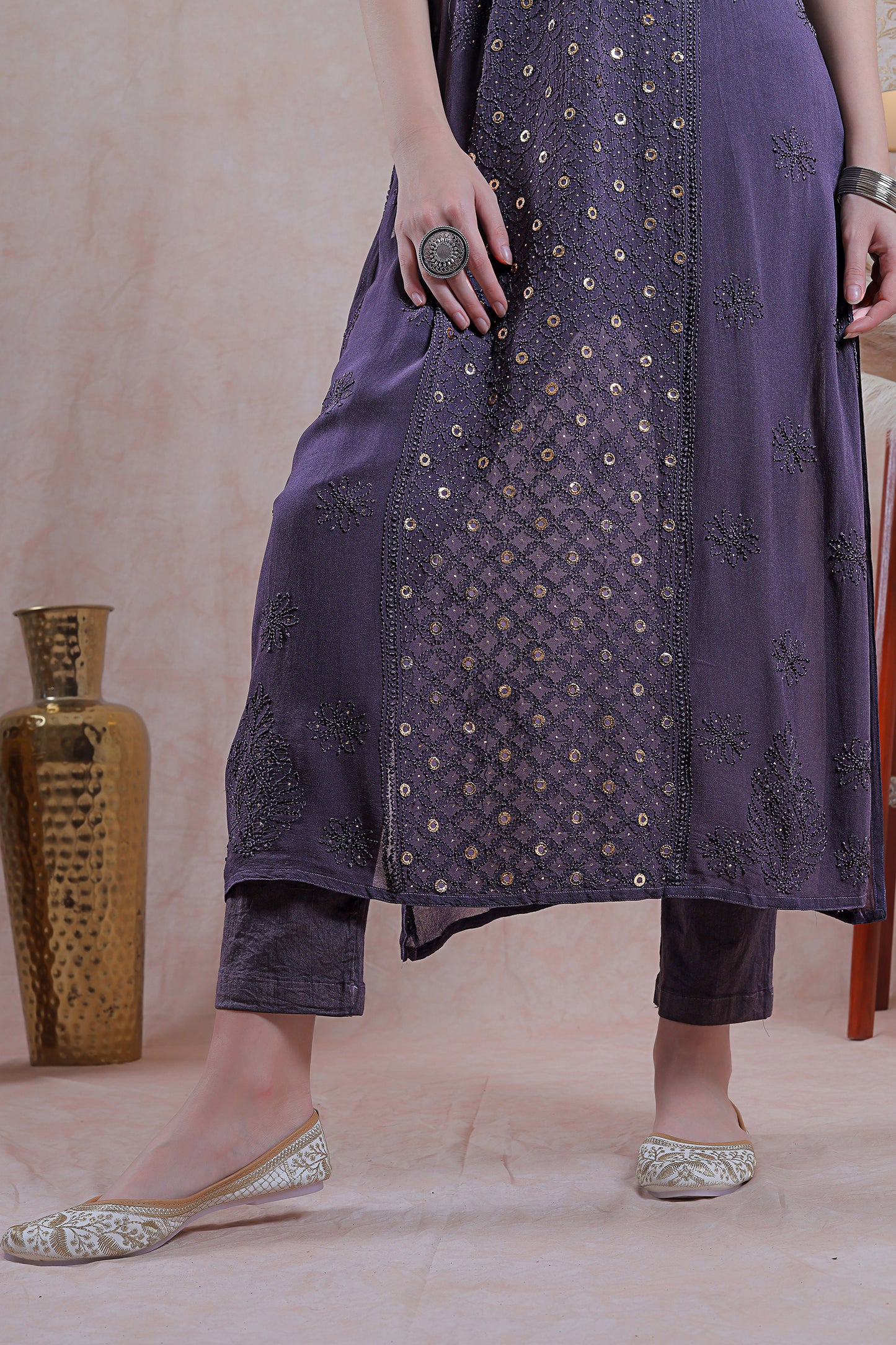 the chikankari detailing adds a traditional touch, while the mukaish work offers a subtle shimmer.