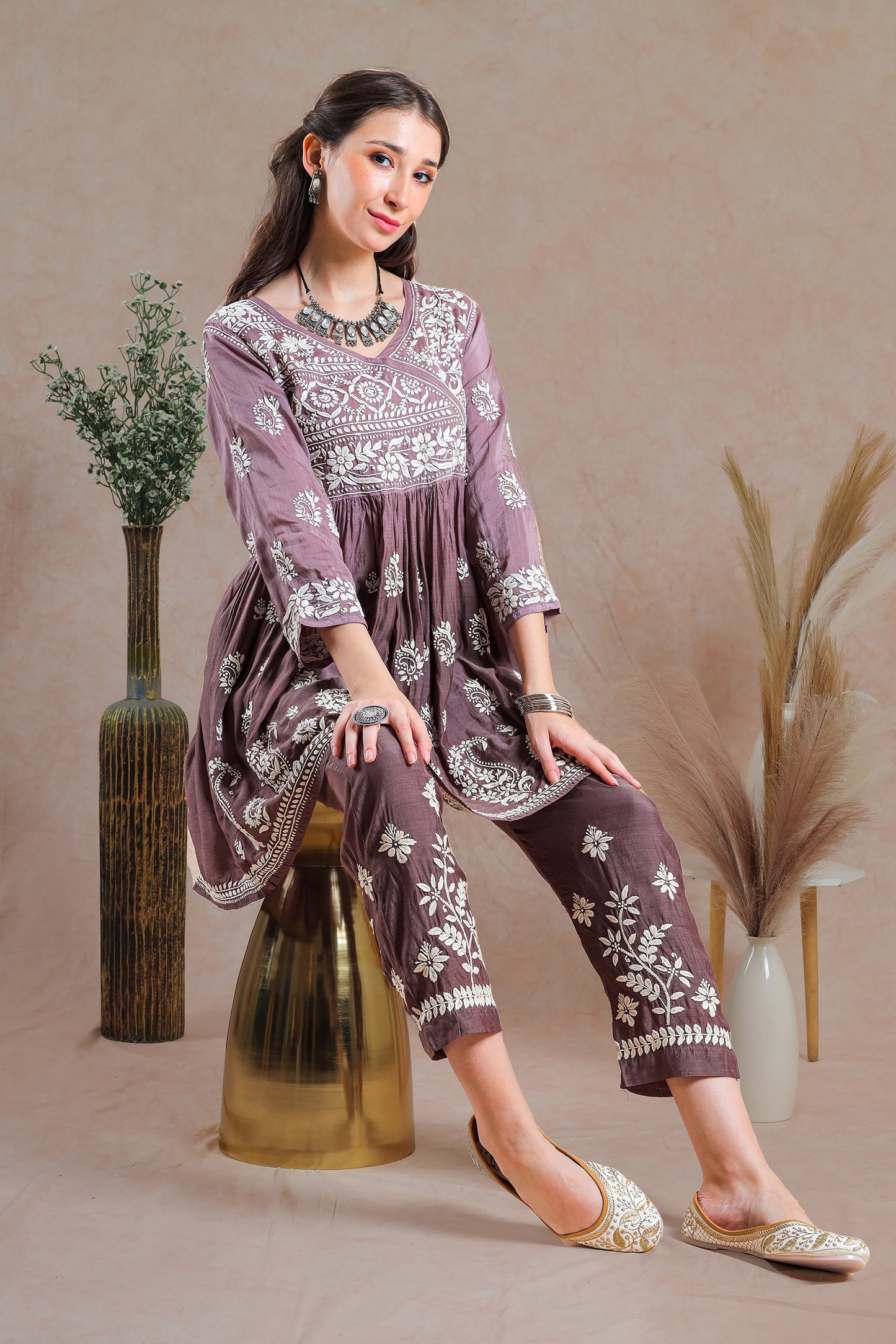 Chikankari Asymmetrical Yoke Co-ord Set