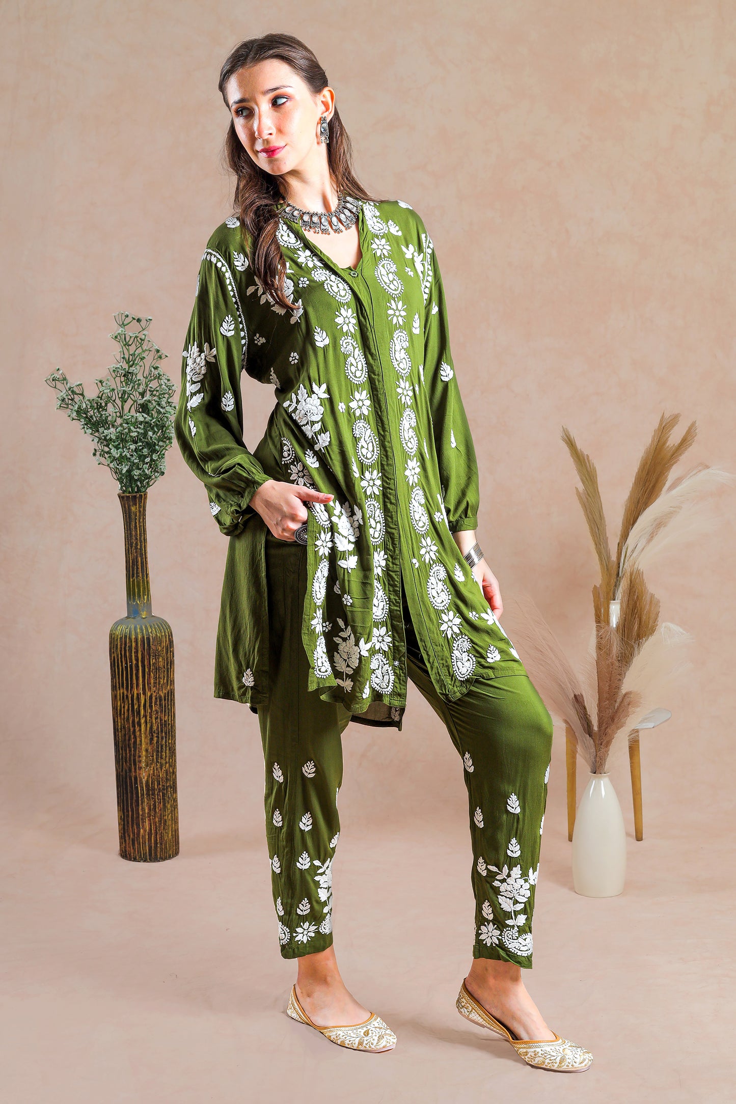 Henna Green Chikankari Embroidered Co-ord Set