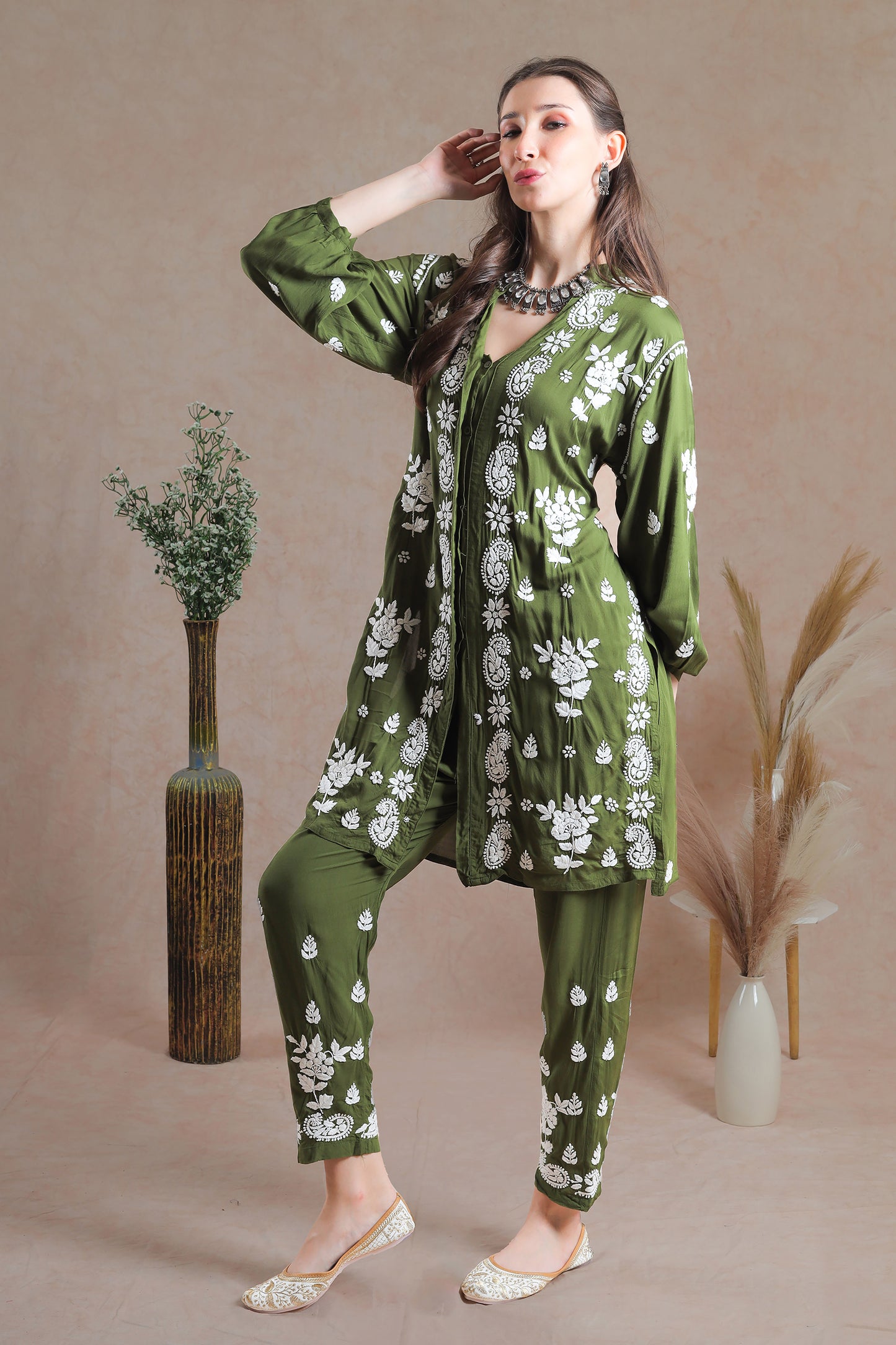 Henna Green Chikankari Embroidered Co-ord Set