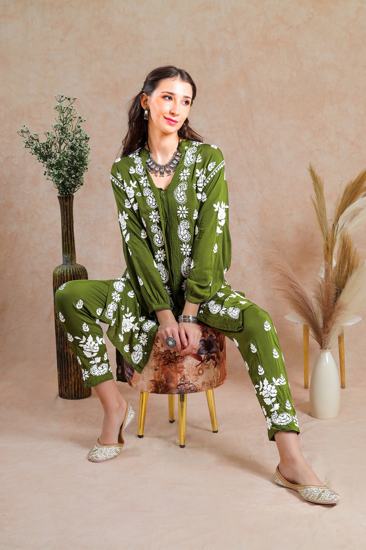 Henna Green Chikankari Embroidered Co-ord Set