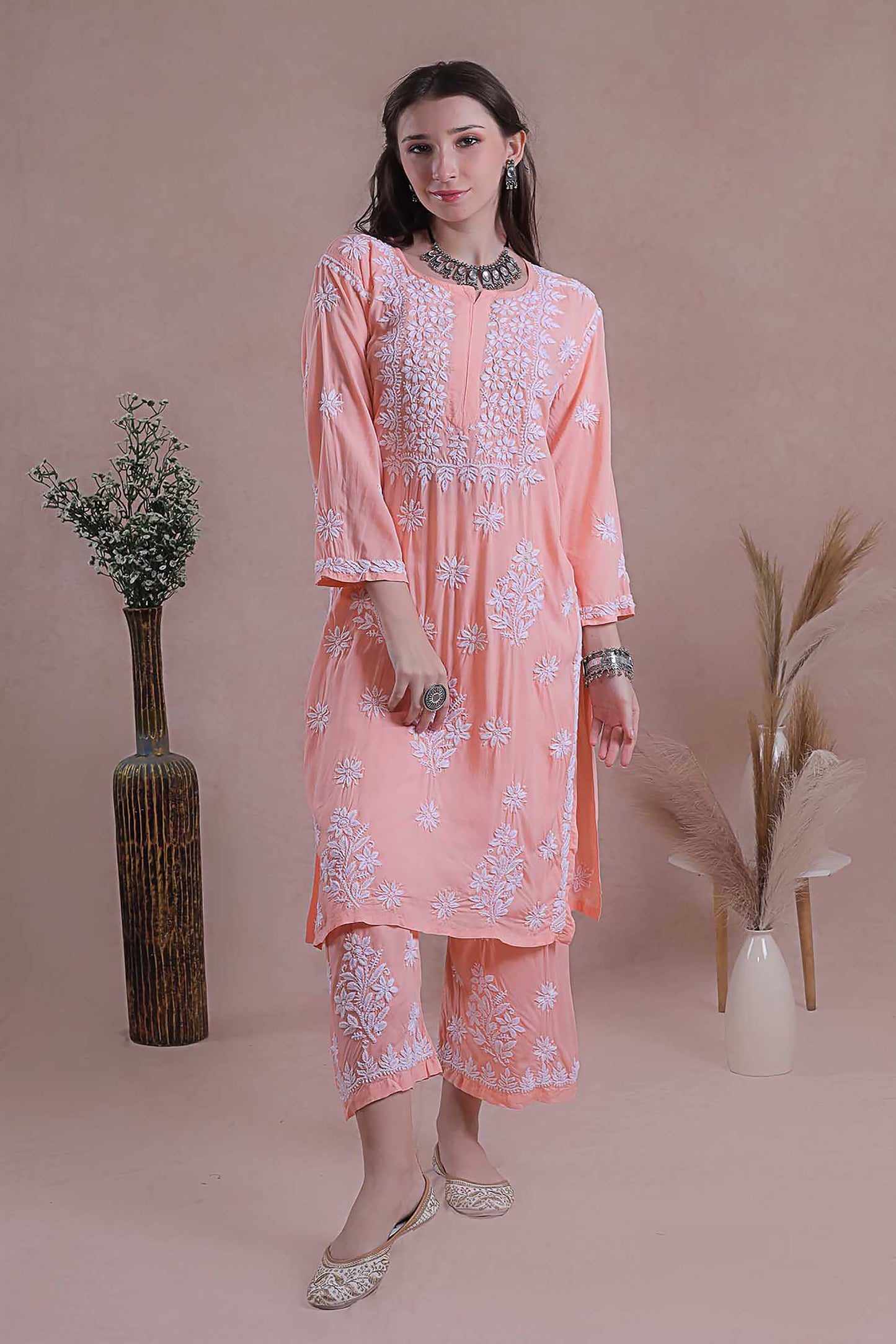 Peach Chikankari Kurta Set