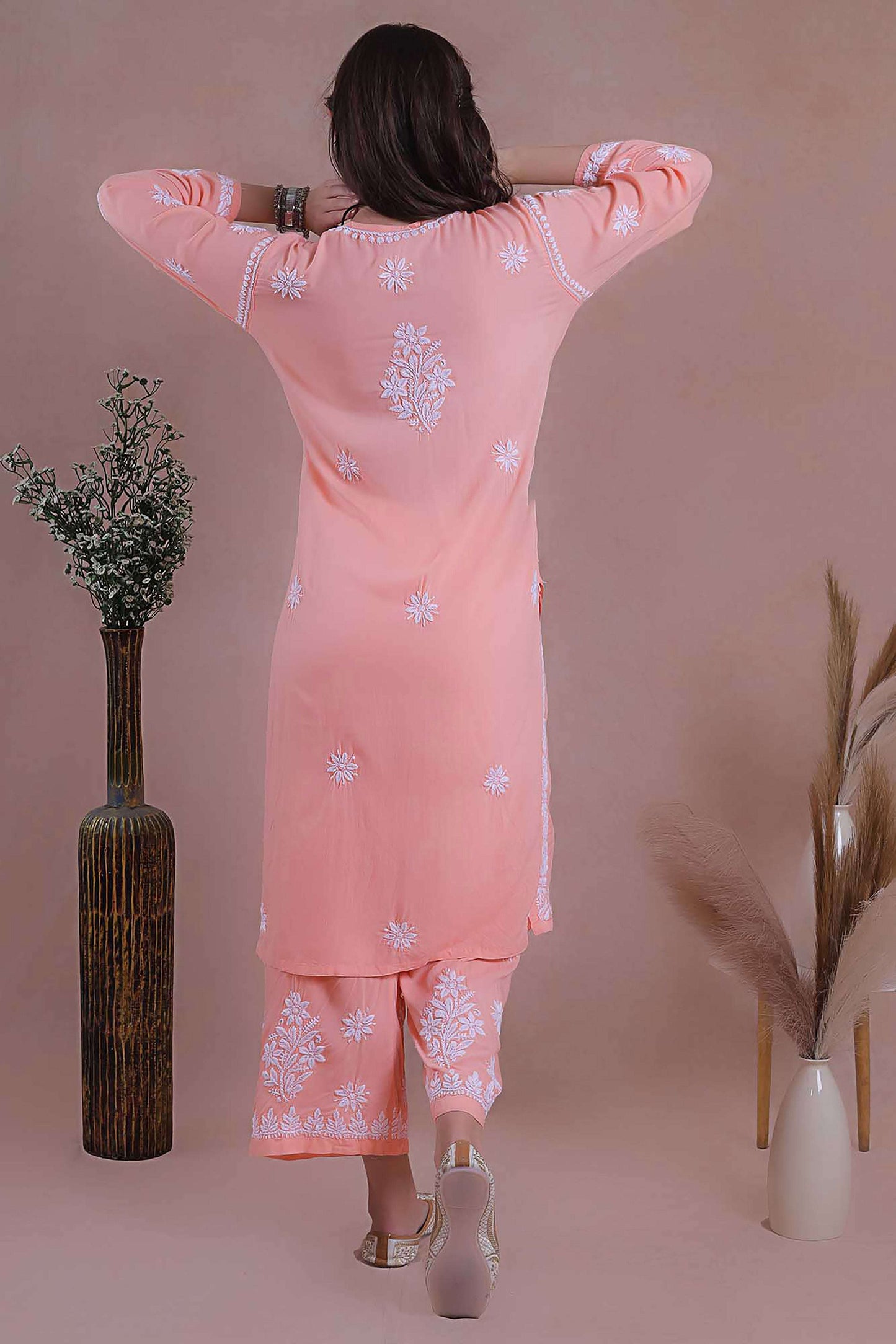 Cotton peach kurta set Intricate floral embroidery on front, back and sleeves