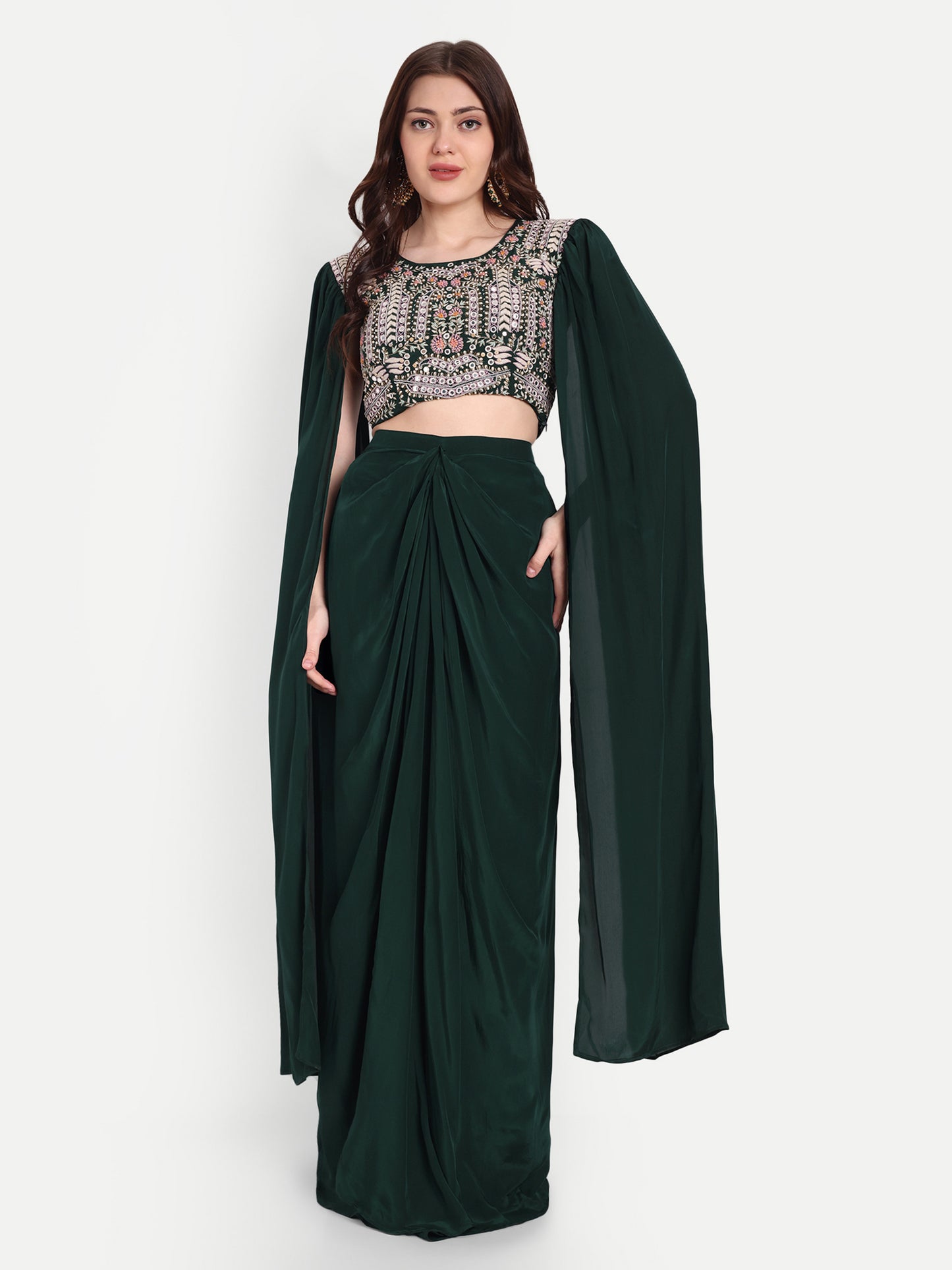 Bottle Green Long Sleeves Embroidered Top And Dhoti Skirt