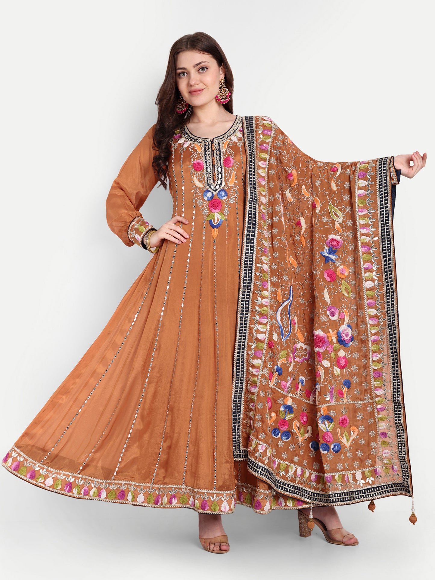 Rust Orange Embroidered Anarkali With Dupatta