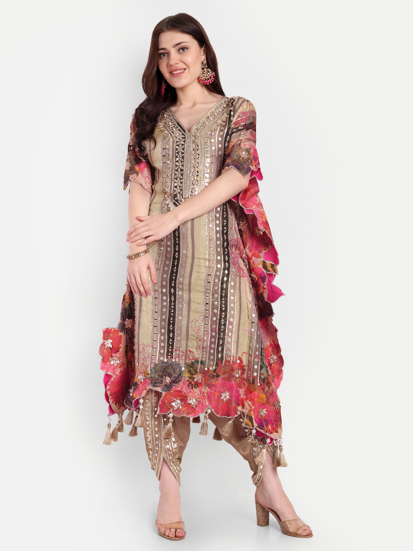 Beige Gota Patti Floral Embroidered Kaftan Set