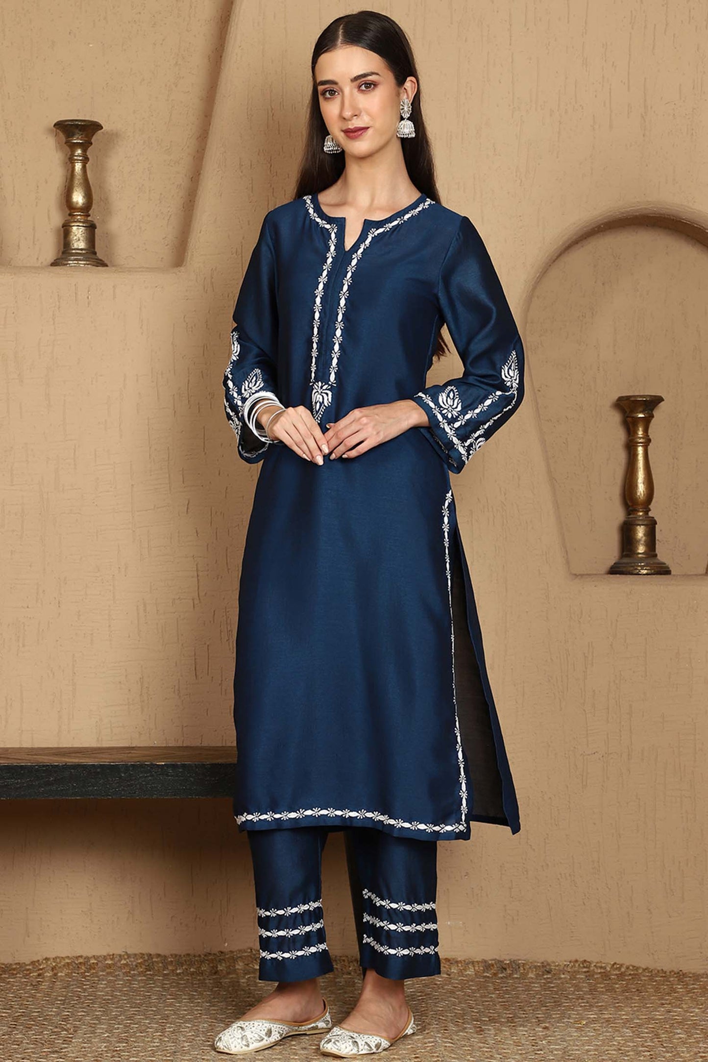 Kiara Blue Chikankari Kurta Set with White Thread – Notch Neck