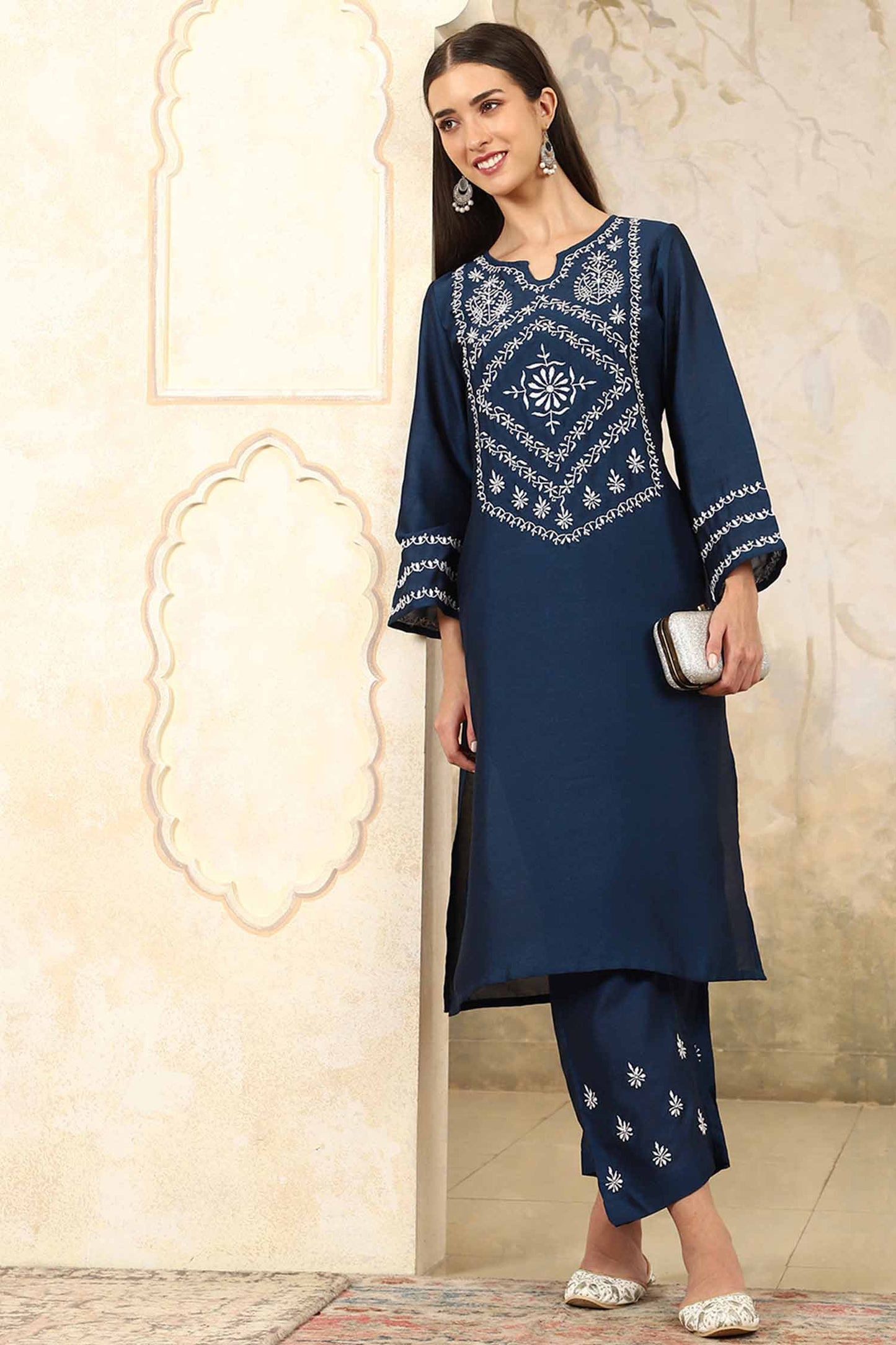 Zainab Blue Chikankari Kurta Set with White Yoke – Notch Neck