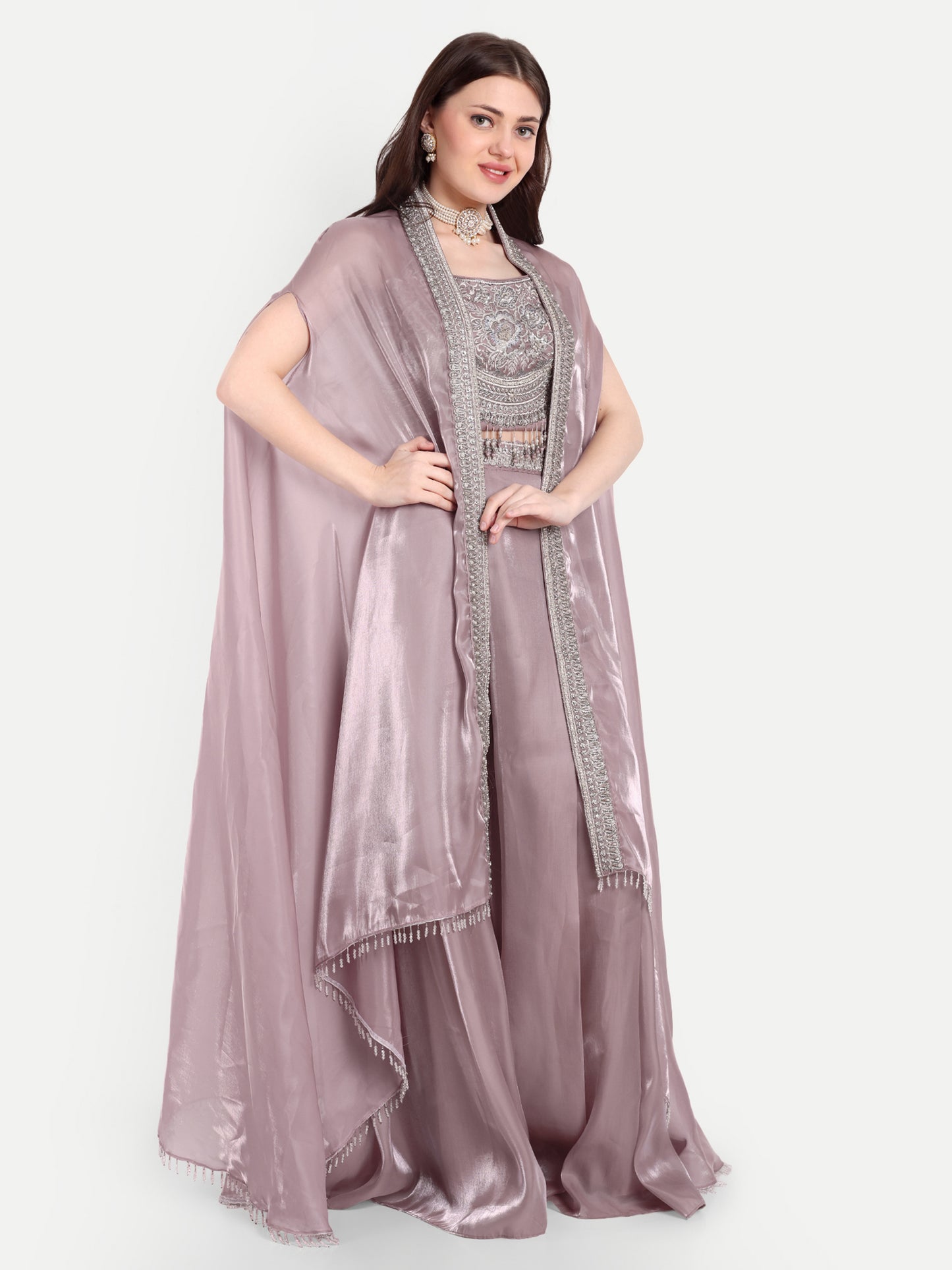 Blush Pink Flared Palazzo And Crop Top With Cape Set