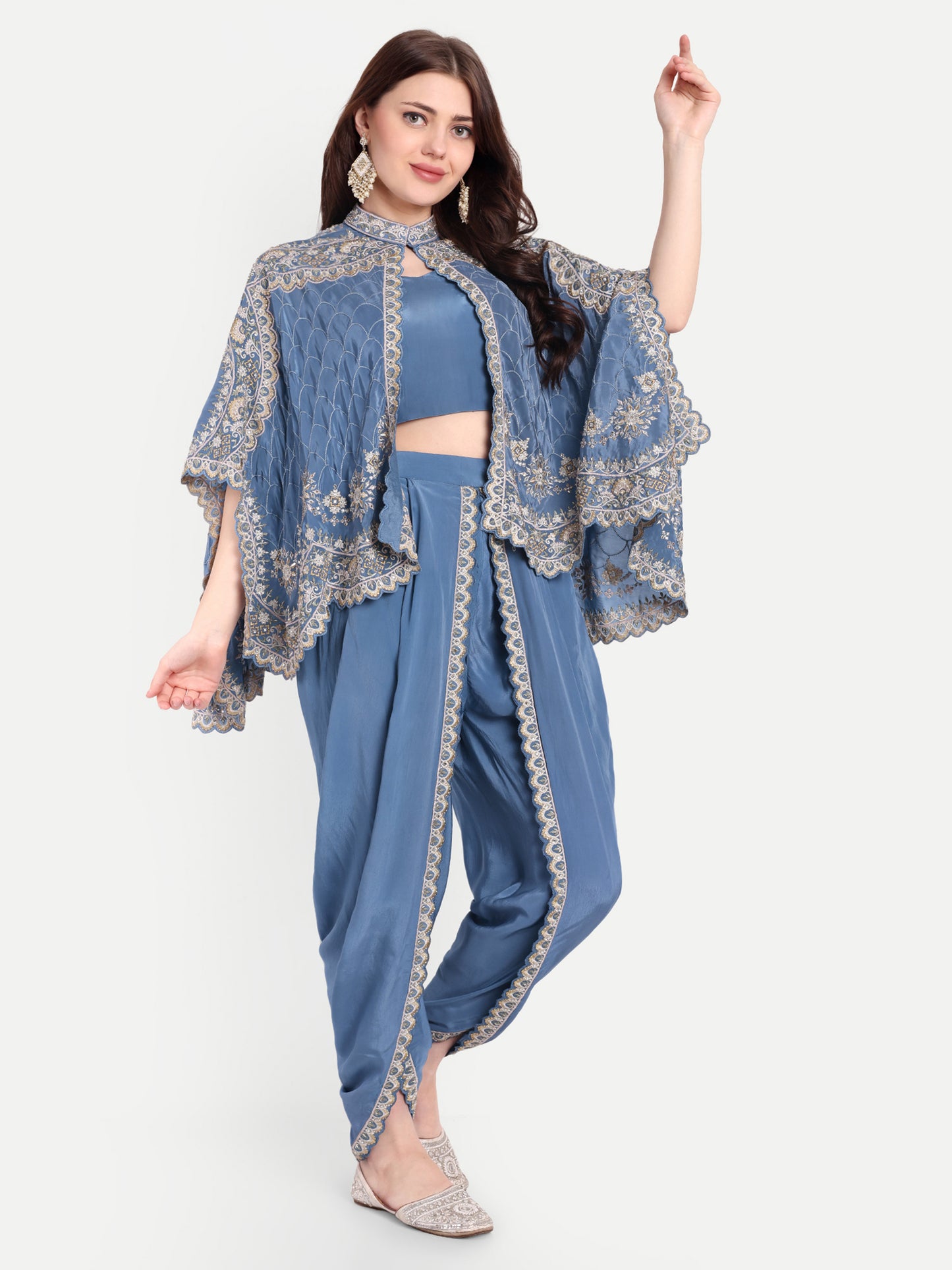 Blue Dhoti Pant With Crop Top And Cape