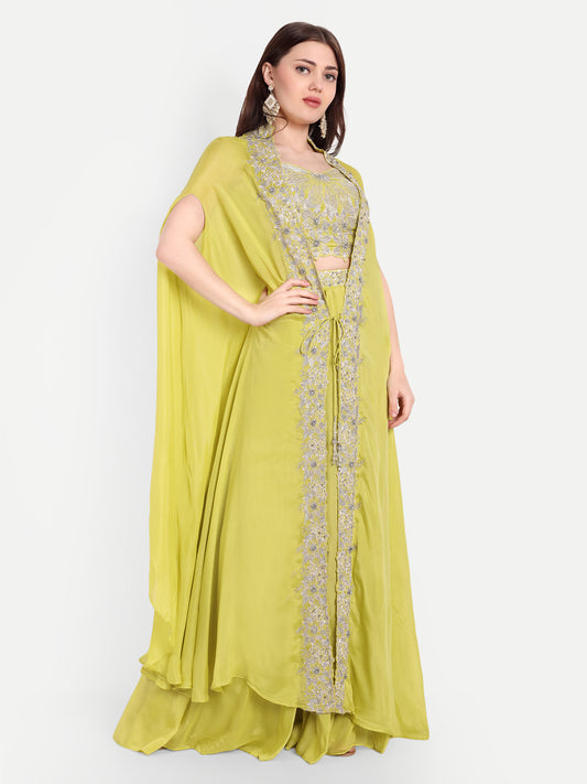 cape is designed with mirror work with a touch of traditional elegance