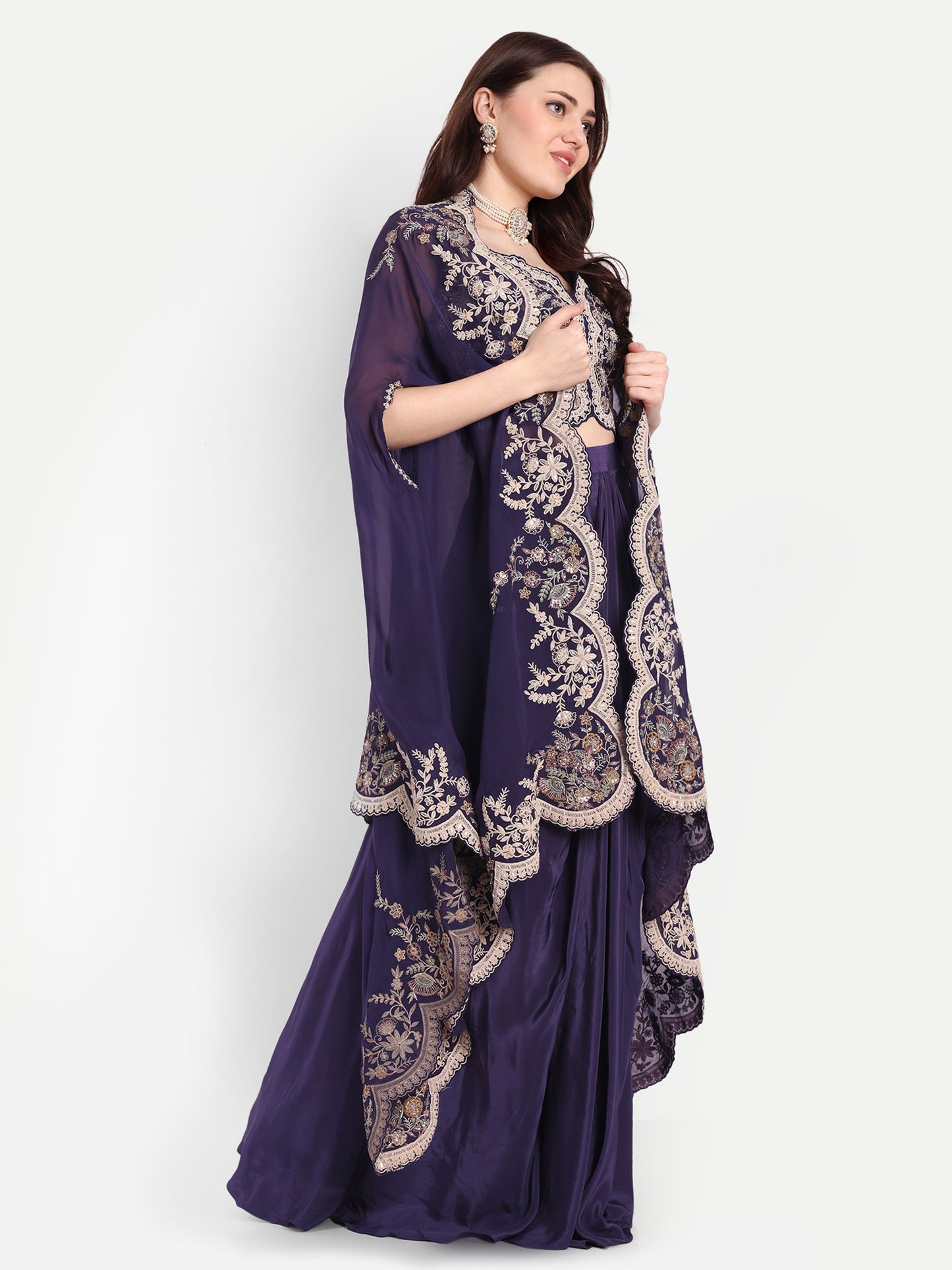 Purple Cape Set Of Crop Top And Skirt