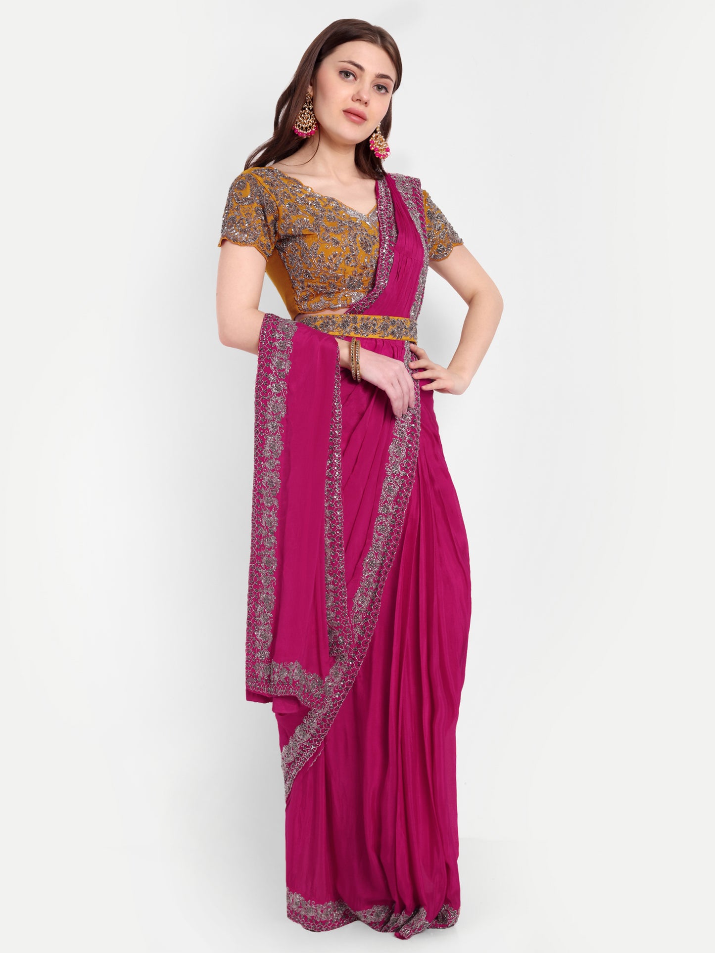 Pink And Yellow Ready-To-Wear Heavy Embroidered Saree
