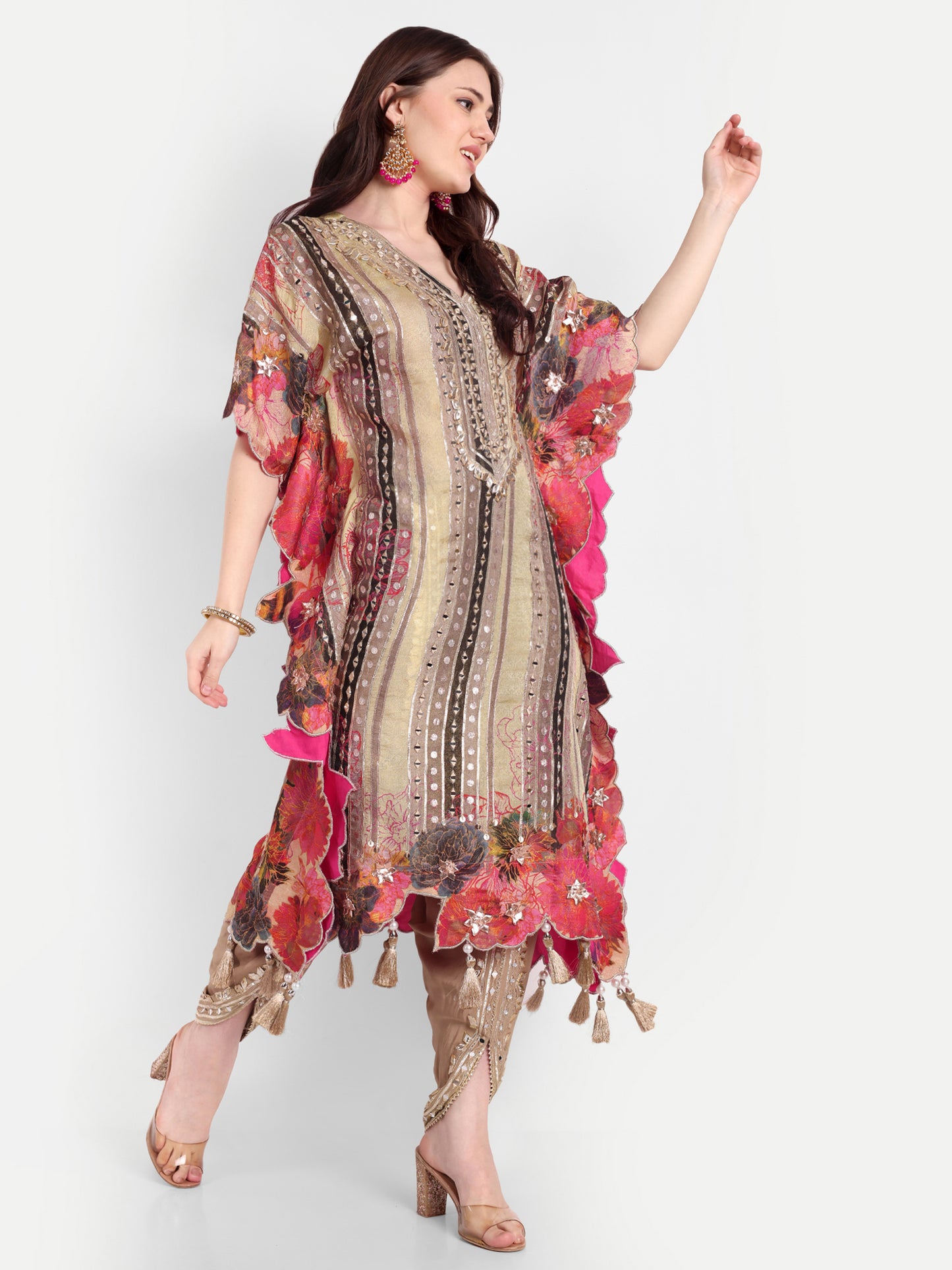 Beige Gota Patti Floral Embroidered Kaftan Set