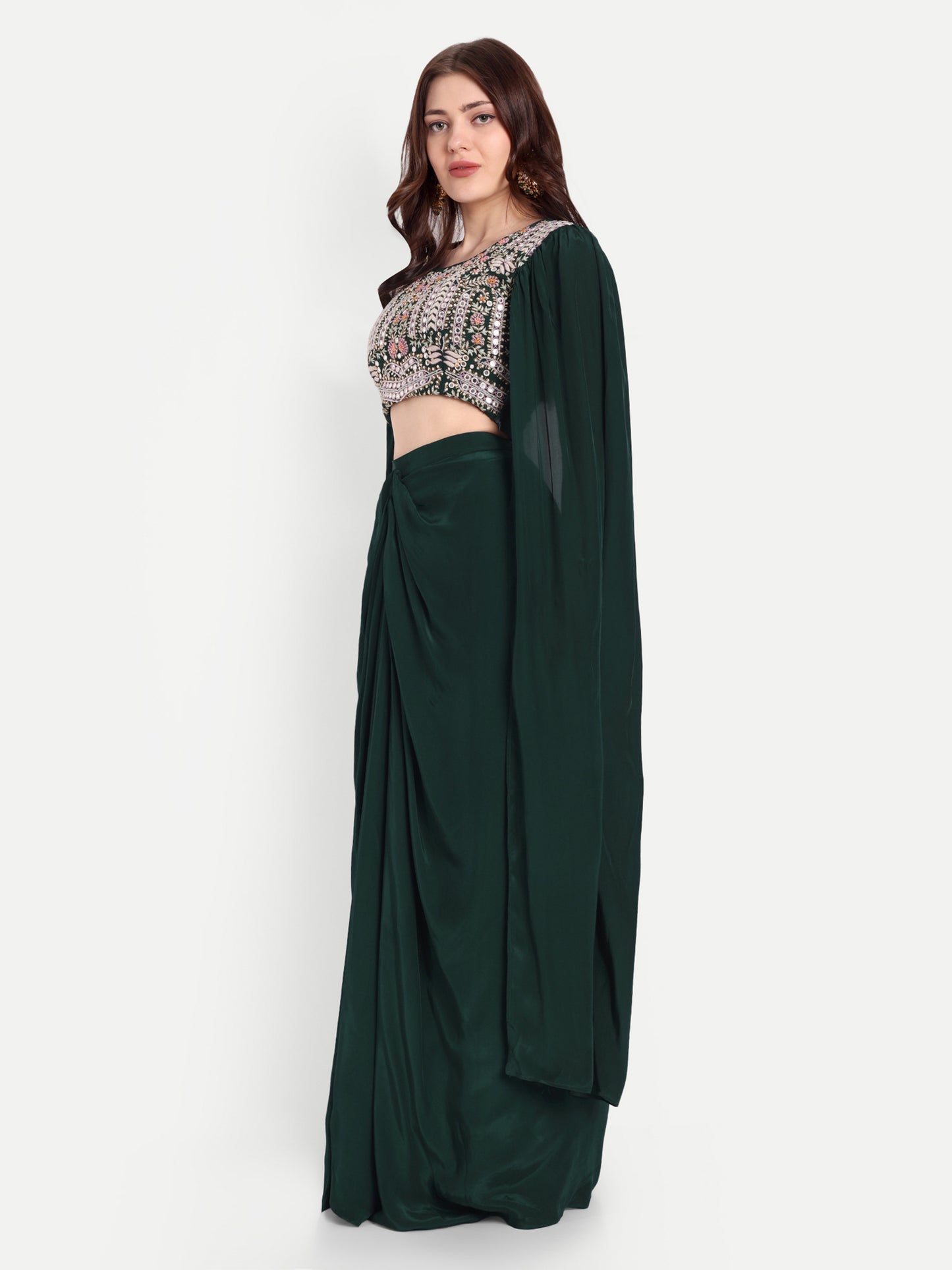 Bottle Green Long Sleeves Embroidered Top And Dhoti Skirt