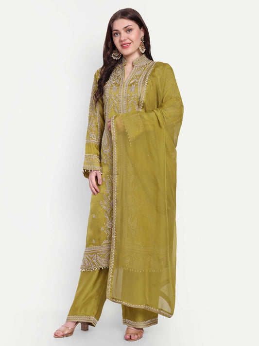 This olive green suit set is designed with classy embroidery and pearl work on the Kurta