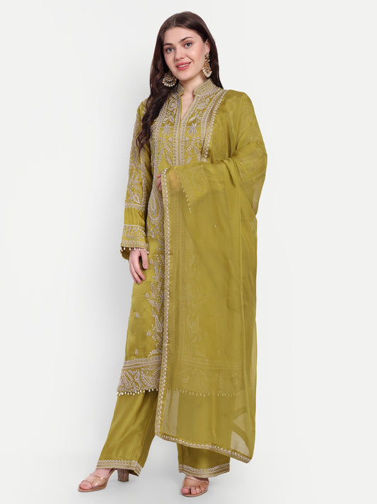 This olive green suit set is designed with classy embroidery and pearl work on the Kurta
