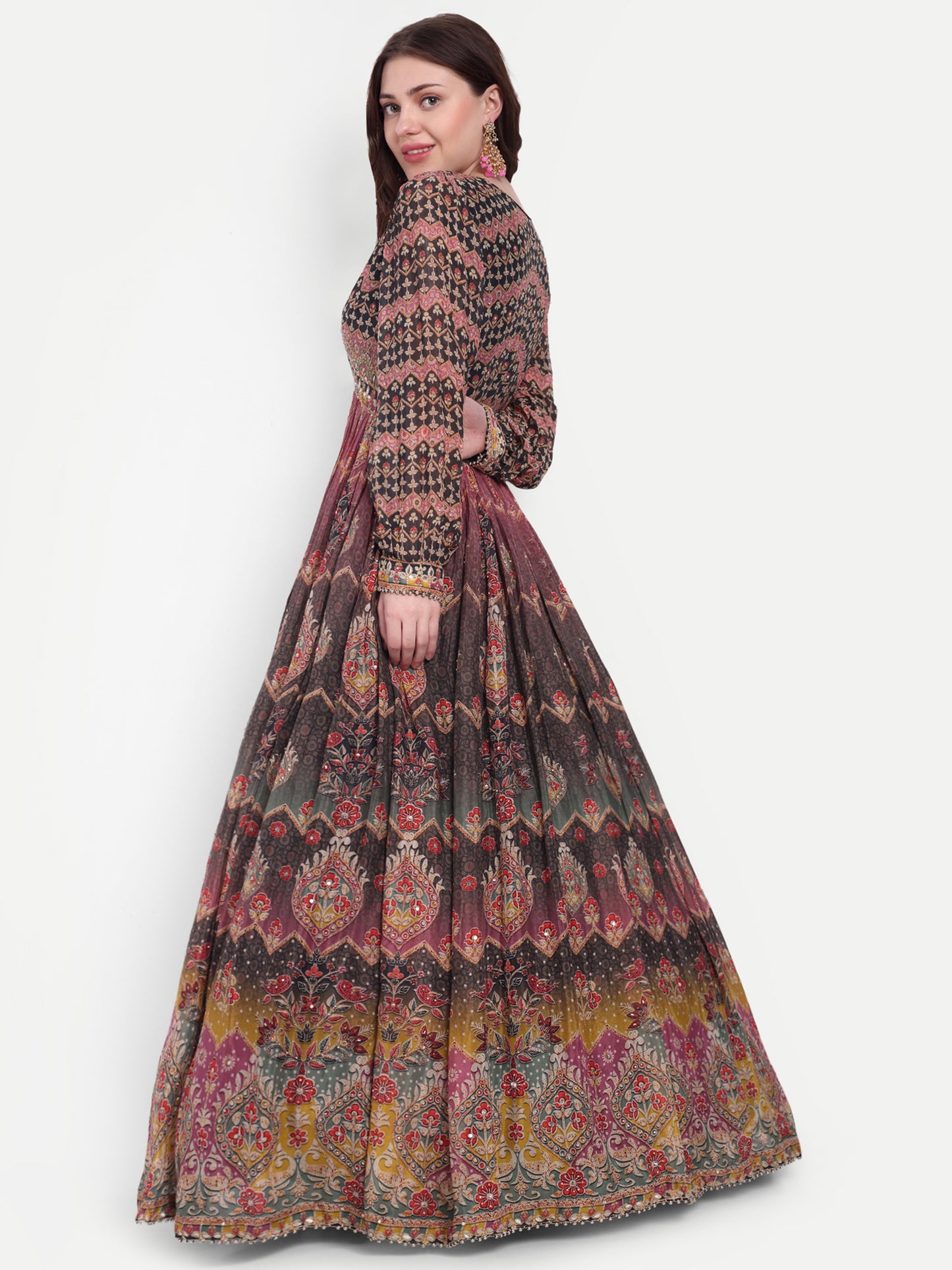 Black Full Sleeves Heavy Flared Gown