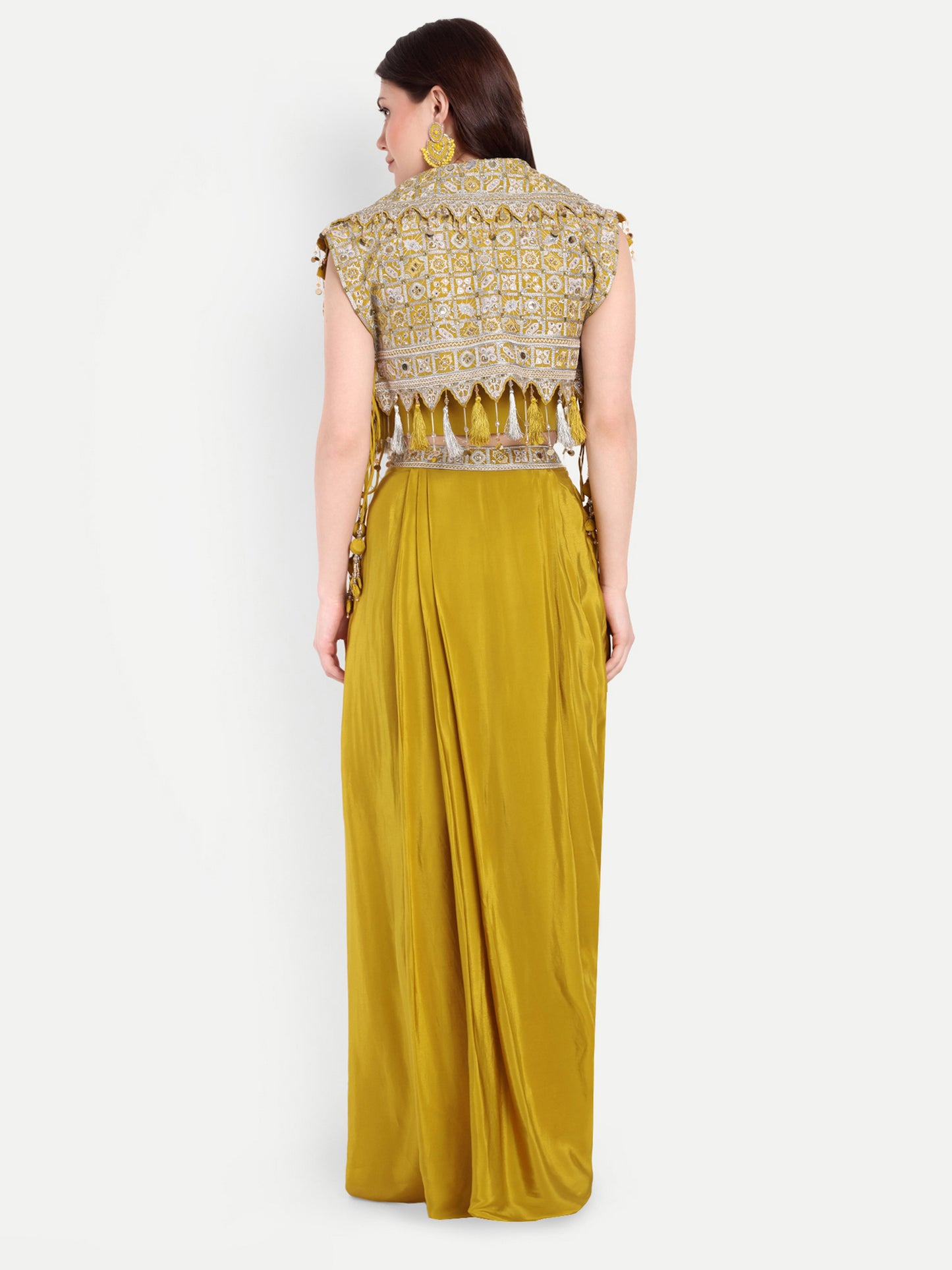 Yellow Dhoti Skirt With Crop Top And Jacket
