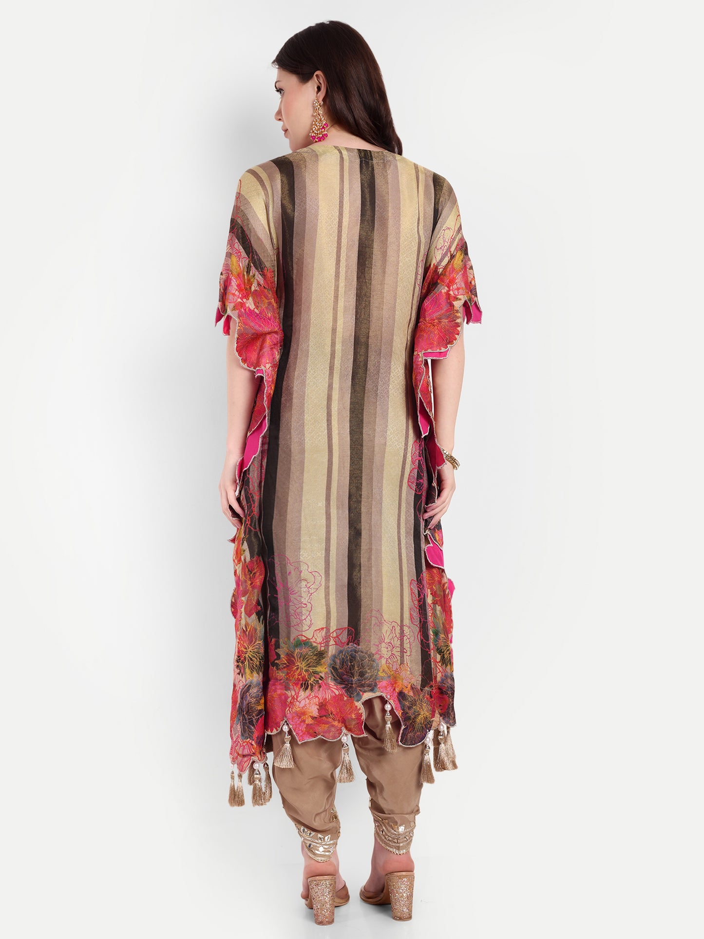 Beige Gota Patti Floral Embroidered Kaftan Set